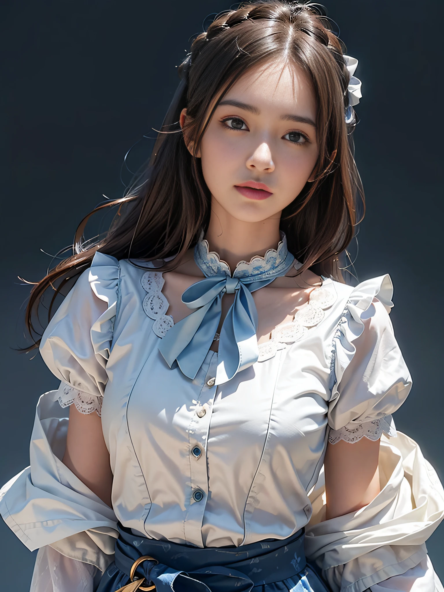 dressed, (photorealistic: 1.4), (hyperrealistic: 1.4), (realistic: 1.3), (smooth lighting: 1.05), (cinematic lighting quality improvement: 0.9), 32K, 1 girl, Japan woman, realistic lighting, backlit, face lights, ray tracking, (bright light: 1.2), (quality improvement: 1.4), ( Realistic textured skin of the highest quality: 1.4), fine detailed eyes, detailed face, fine quality eyes, brown eyes, (moist light pink lips that reflect wet and light), (tired and sleepy and satisfied: 0.0), blue floral blue silk blouse with ruffles and lace, ribbon ties with thin strings, dark brown hair, short cropped bangs hanging on the forehead, blue hair band, One adult woman with faint smile (isolated on white background)