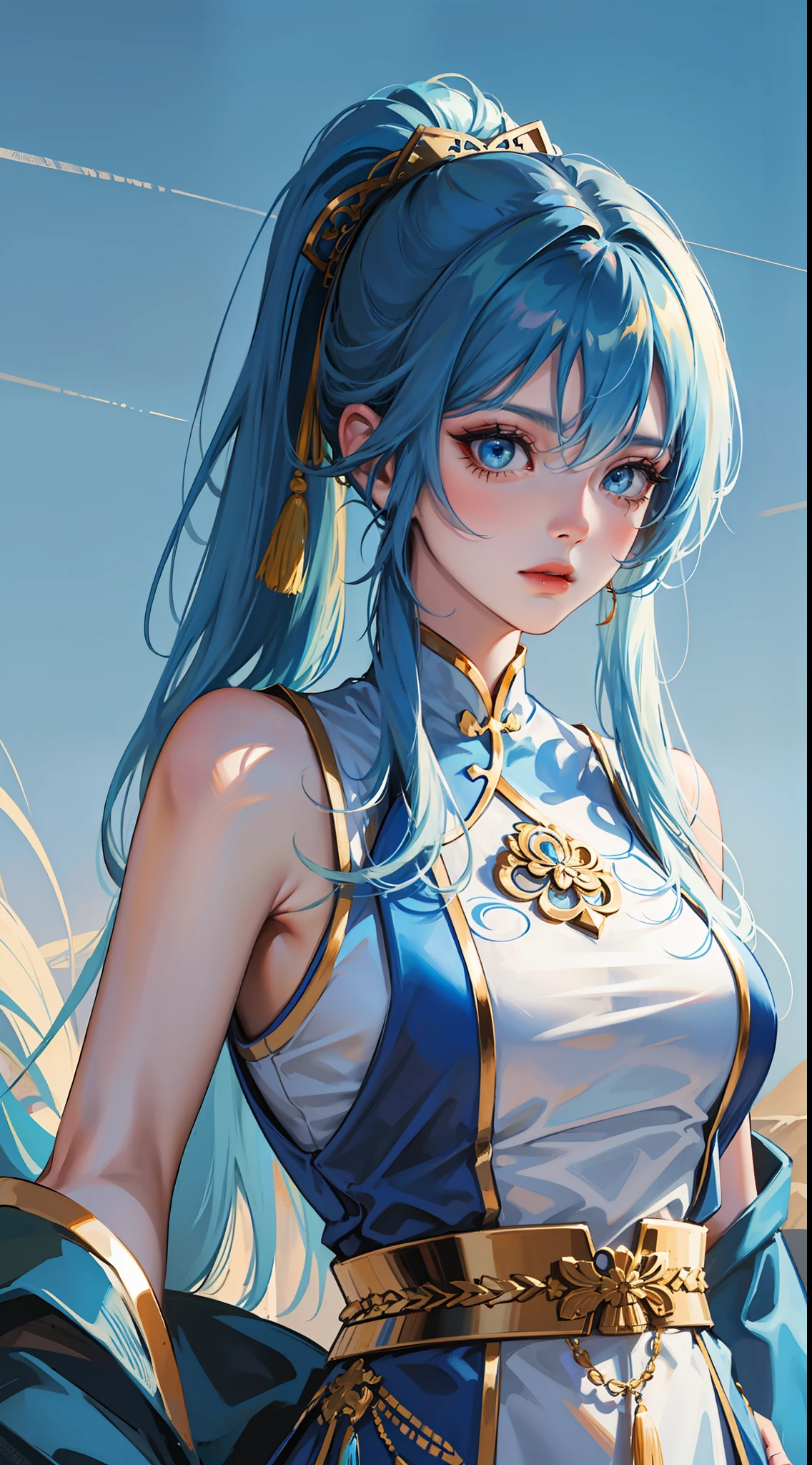 Adult girl, long blue hair with white strands, high ponytail, cyan eyes, blue and white sleeveless Chinese dress, fan, gold jewelry, serious look, security guards, masterpiece, high quality