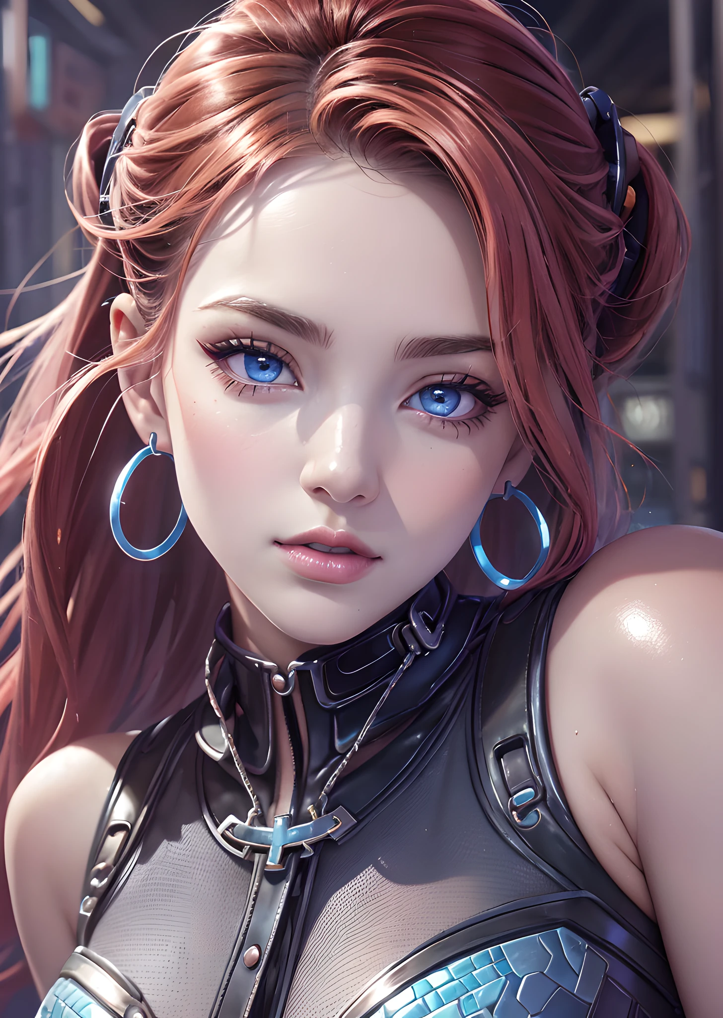 sam yang,
(dreamlikeart, redshift style, analog style:1.1), (copeseethemald style:0.5), (thepit bimbo, glossy), sexy, bimbo,portrait,

1girl, solo,
([Nina Dobrev|Emma Stone]:1.1), closeup, extreme closeup, looking at viewer, symmetric, centered,
pantsuit, business suit, elegant suit, white crop top shirt,

shinny skin, oily skin, subsurface skin scattering, shiny skin,
choker, earrings, eyelashes, eyeshadow, lips, lipstick, jewelry, makeup, nose, parted lips, navel,
beautiful detailed blue eyes, redhead,

realistic, photo-realistic, well-lit face, glowing face, face focus, see-through,
(night:1.2), dark, scary, dark city, alley, chased, danger, worried, afraid, stressed,  building, street lights, detailed background,

[(dust particle paint explosion:1.2)::0.11], (secret:0.8), --auto --s2