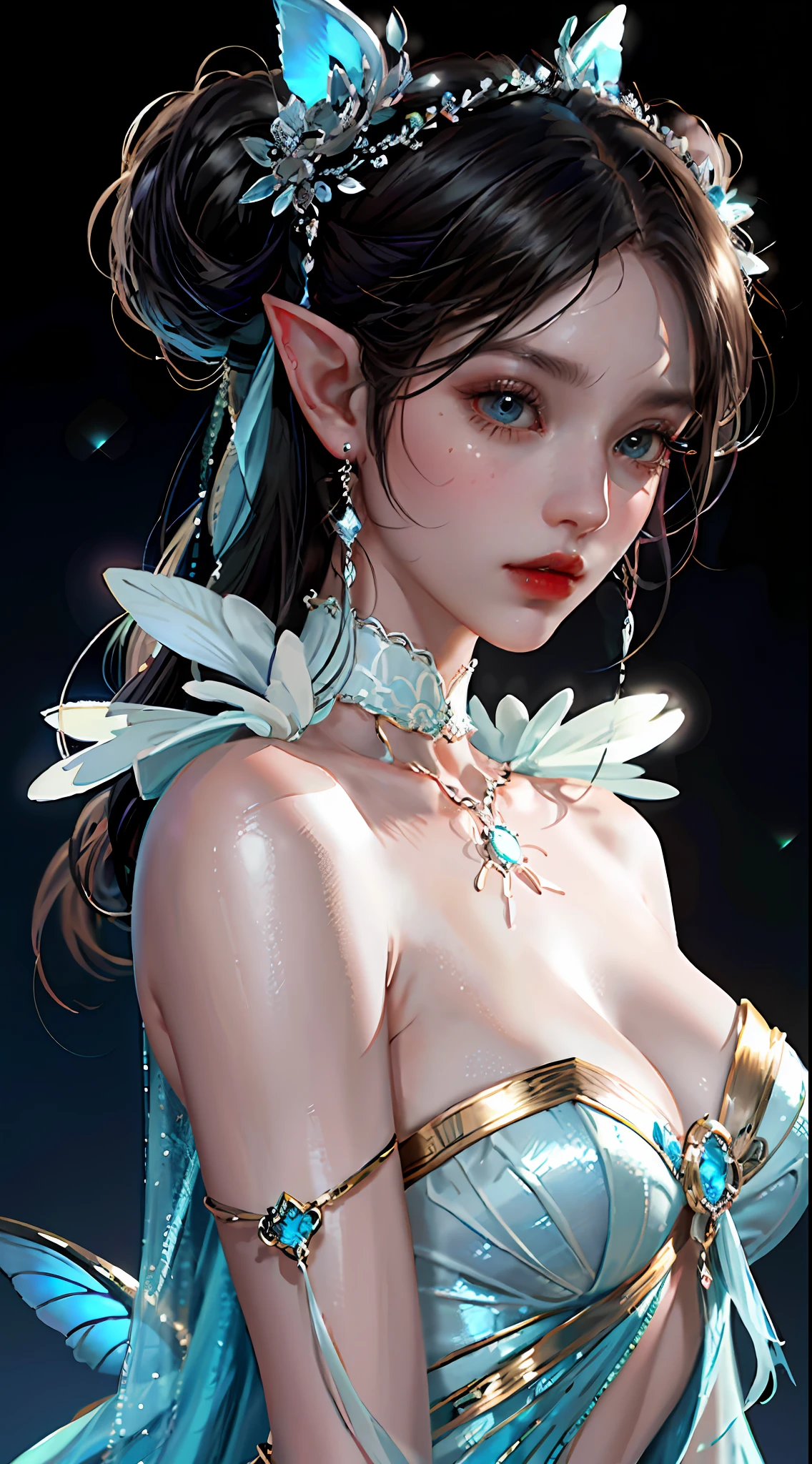 It is a breathtakingly close-up painting presented in digital art form. The painting depicts a beautiful and elegant female elf, a beautiful and elegant female elf, a very beautiful portrait of an elf, she is full of fairy air. With a pair of long ears and a cute and charming appearance, her skin is as white as jade, exuding an extraordinary temperament that gives people a surreal feeling. The work presents extreme realism and is as captivating as a cute porcelain doll.