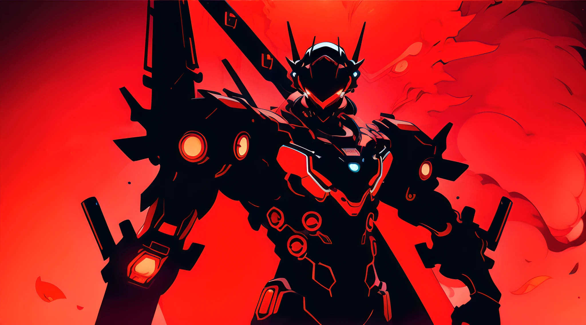 ((masterpiece)), ((best quality)), 8k, high detailed, ultra-detailed, A cool mecha wearing a V-shaped helmet, dressed in a red and black glowing mech suit, wielding a red glowing long sword, striking a combat pose. In the background, there is a elusive monster lurking in the smoky atmosphere.