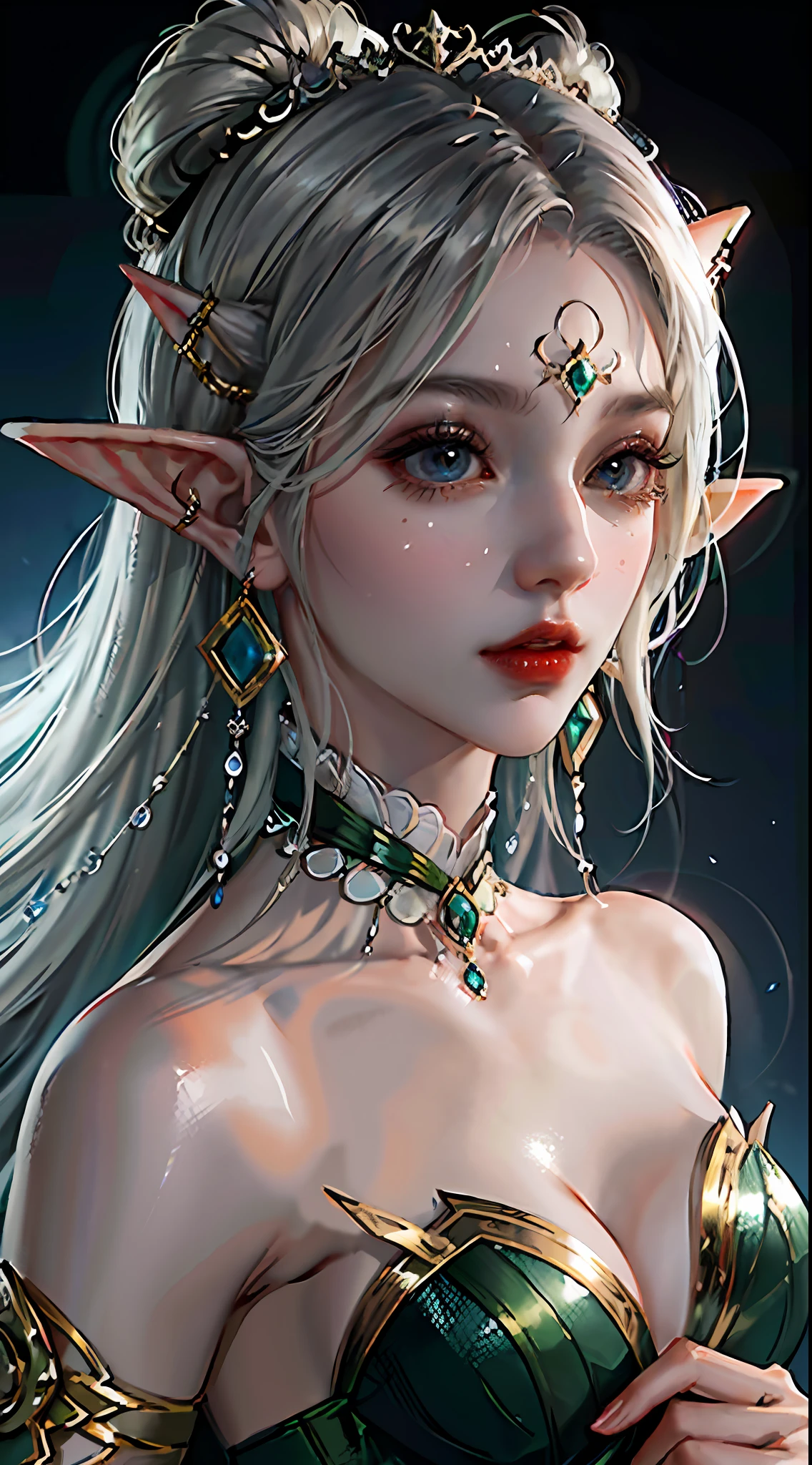 It is a breathtakingly close-up painting presented in digital art form. The painting depicts a beautiful and elegant female elf, a beautiful and elegant female elf, a very beautiful portrait of an elf, she is full of fairy air. With long ears and a cute and charming appearance, the female elf has white skin like jade, exuding an extraordinary temperament that gives people a surreal feeling. The work presents extreme realism and is as captivating as a cute porcelain doll.