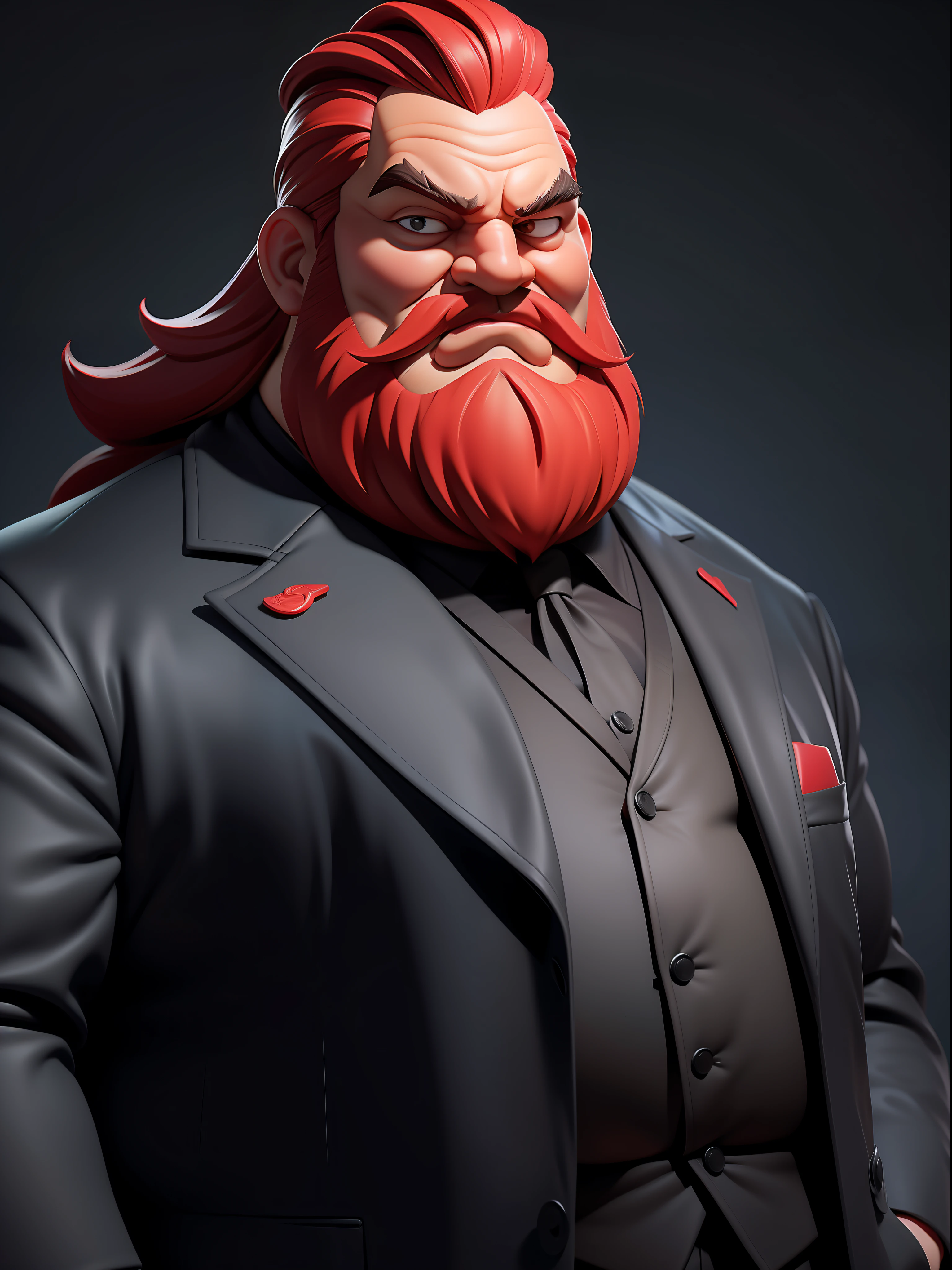 old fat man with red  beard, wearing black tuxedo, masterpiece , detailed face, no out of frame, half body portrait,