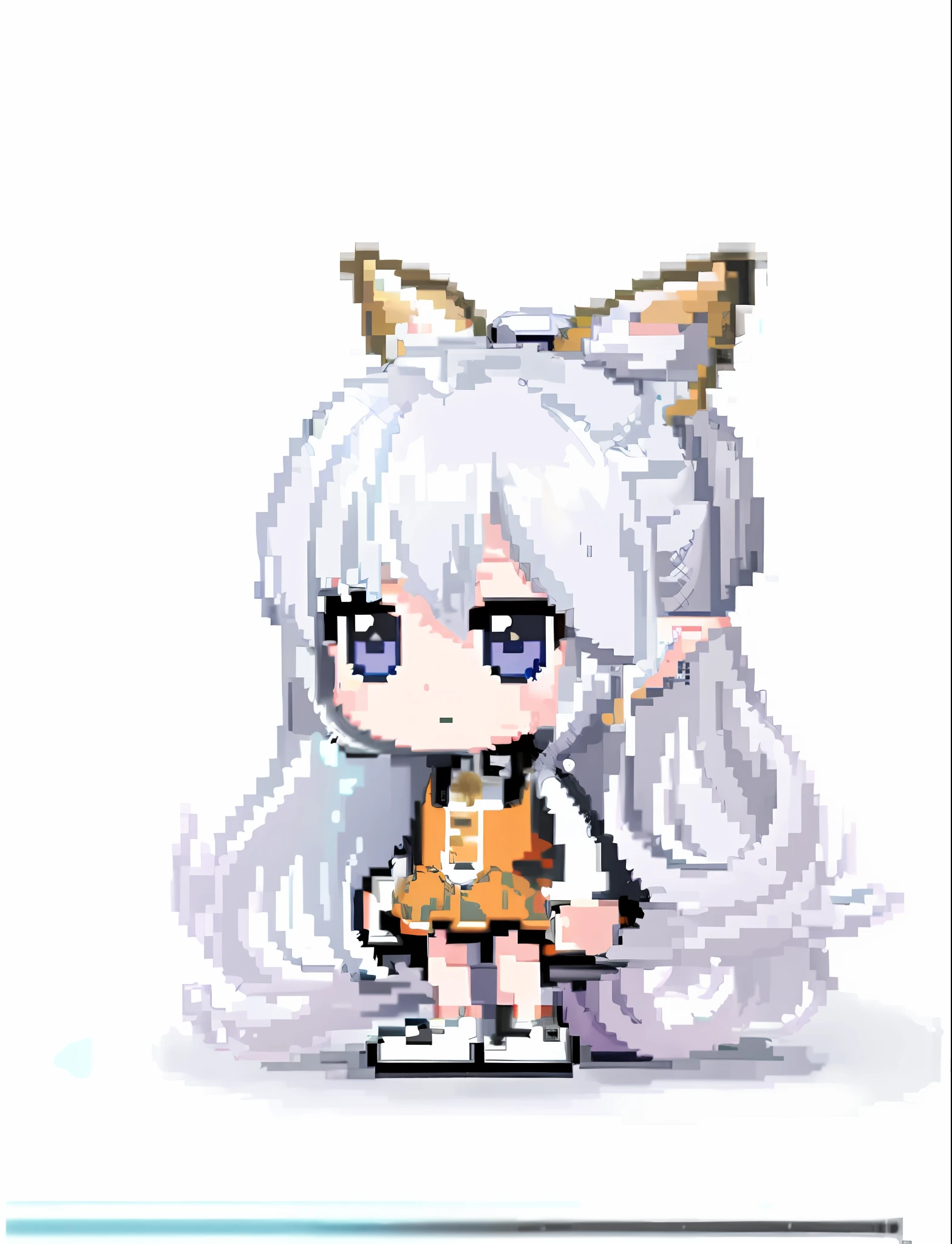 (Faint smile, best quality) a close-up of pixel art Long-Haired Girl, Maple Story Style, Visual Novel Elf, Silver Hair (Ponytail), Chibi, White ( Cat) Girl, Maple Island Mouse, Silver Girl, Pale Young Ghost Girl, Girl Silver Hair, Chibi Girl,orange dress