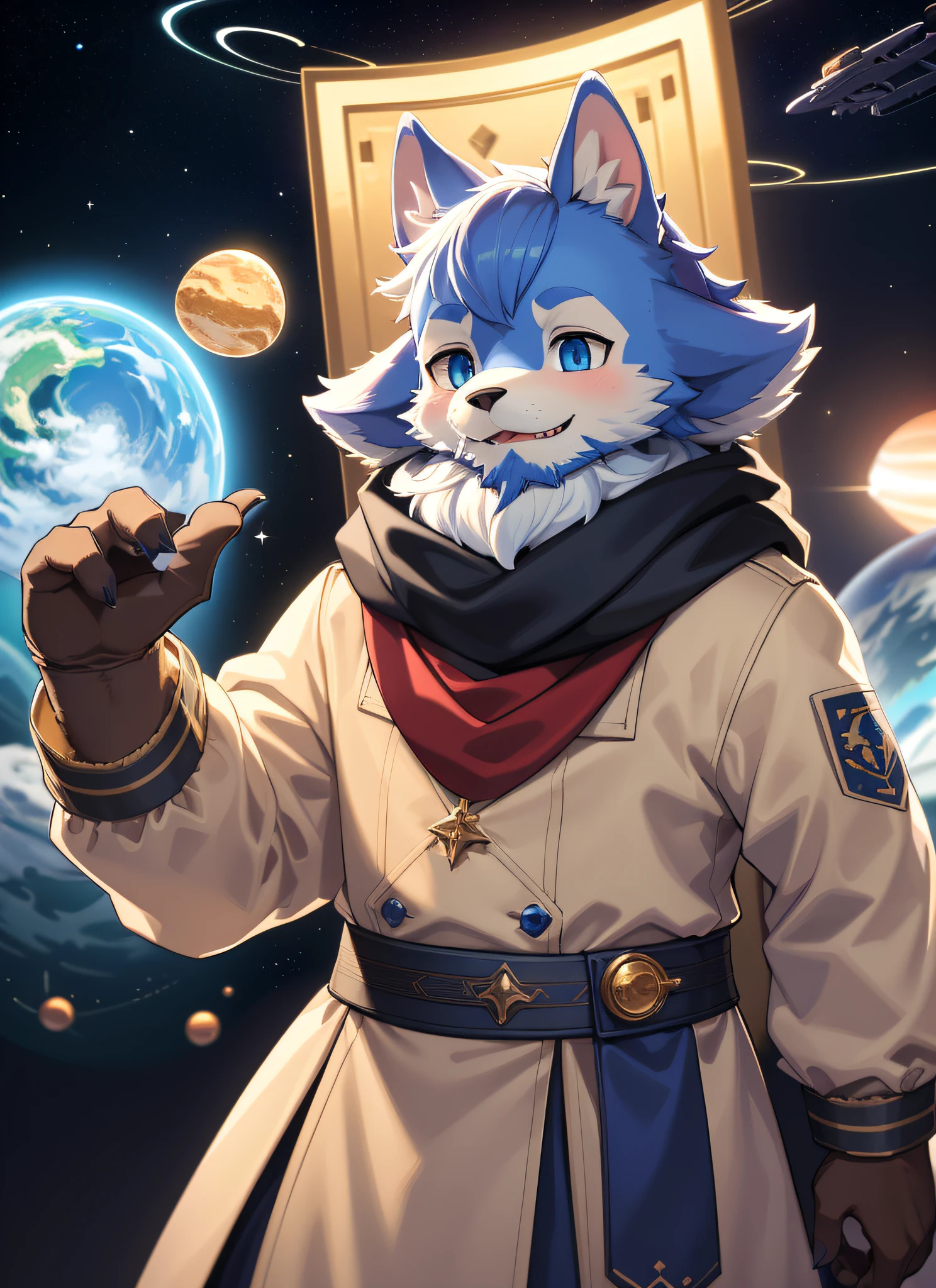 Masterpiece, High Quality Portrait, 3D Realistic CG, Dramatic Lighting, Intricate Details, Sharp Focus, 16k, Humanoid, Furry, (Cub), (Beard), Alone Boy,, Scarf, (Happy),, (Reach Out), (Outer Space Planet), (Photo by Kekitopu), Full Shot, Blue Fur, White Fur