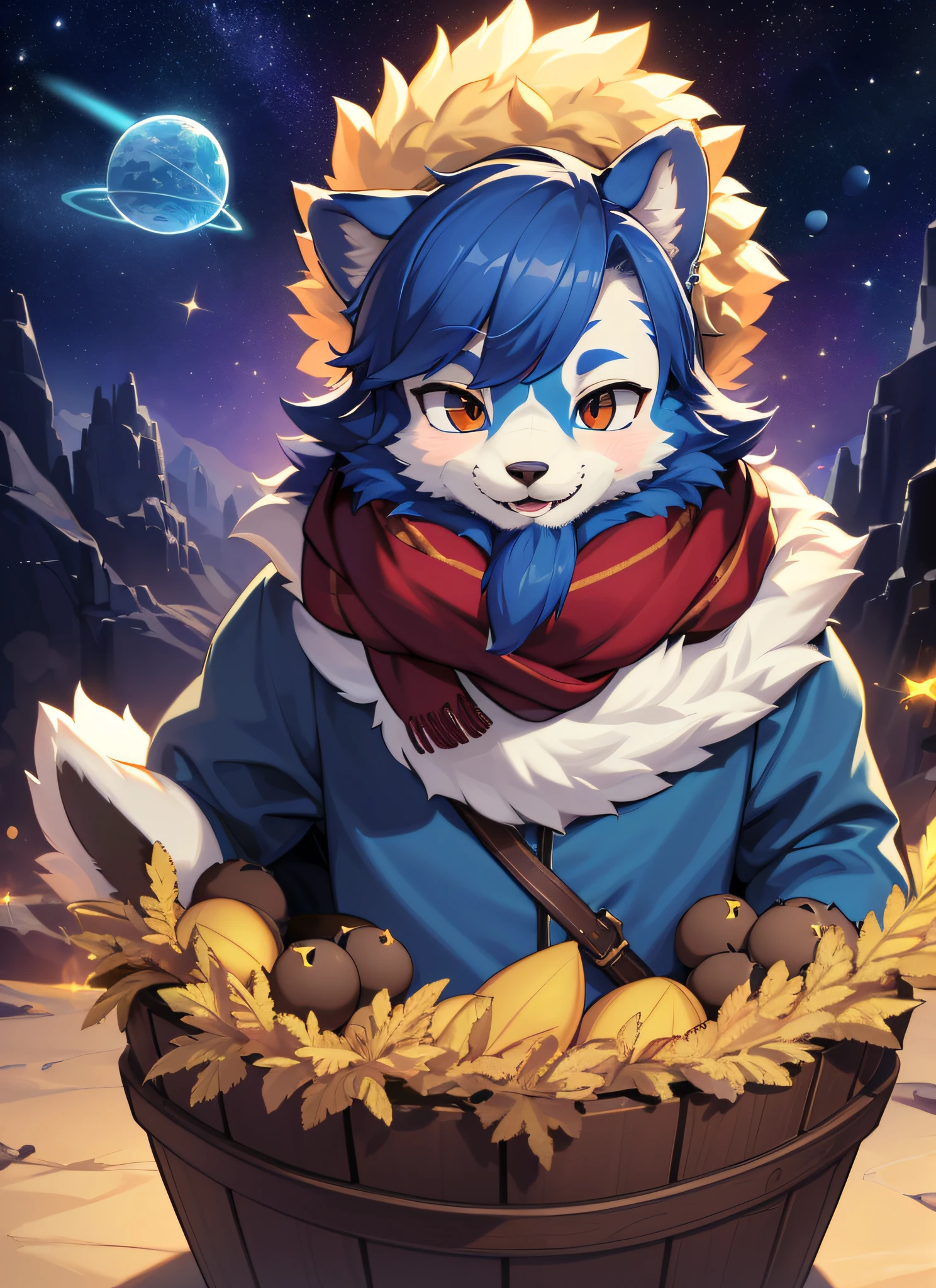 Masterpiece, High Quality Portrait, 3D Realistic CG, Dramatic Lighting, Intricate Details, Sharp Focus, 16k, Humanoid, Furry, (Cub), (Beard), Alone Boy,, Scarf, (Happy),, (Reach Out), (Outer Space Planet), (Photo by Kekitopu), Full Shot, Blue Fur, White Fur