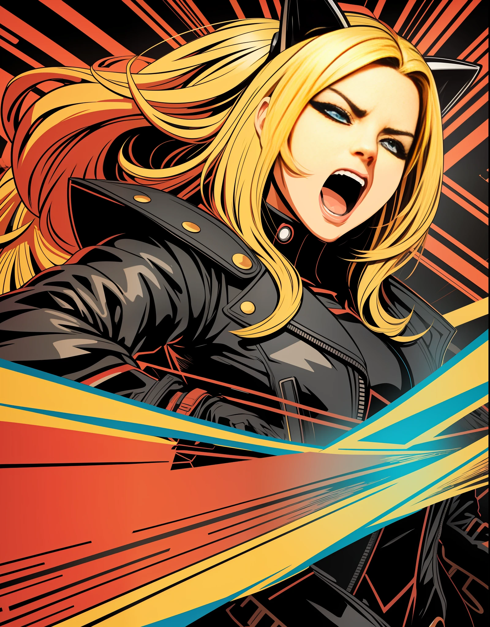 [Women, wearing riders jacket, blonde, screaming frightened by fear, eyes closing strongly, big] heraldic silhouette, logo masking style illustration, black background, art, realistic, majestic, colorful, rich vivid colors, high contrast, seamless water brand, art station, deviant art, dribbling, red bubble, tea public, Sharp focus, simple, hyper detail, detailed drawing, vectorization, outline, isometric style, 8k.