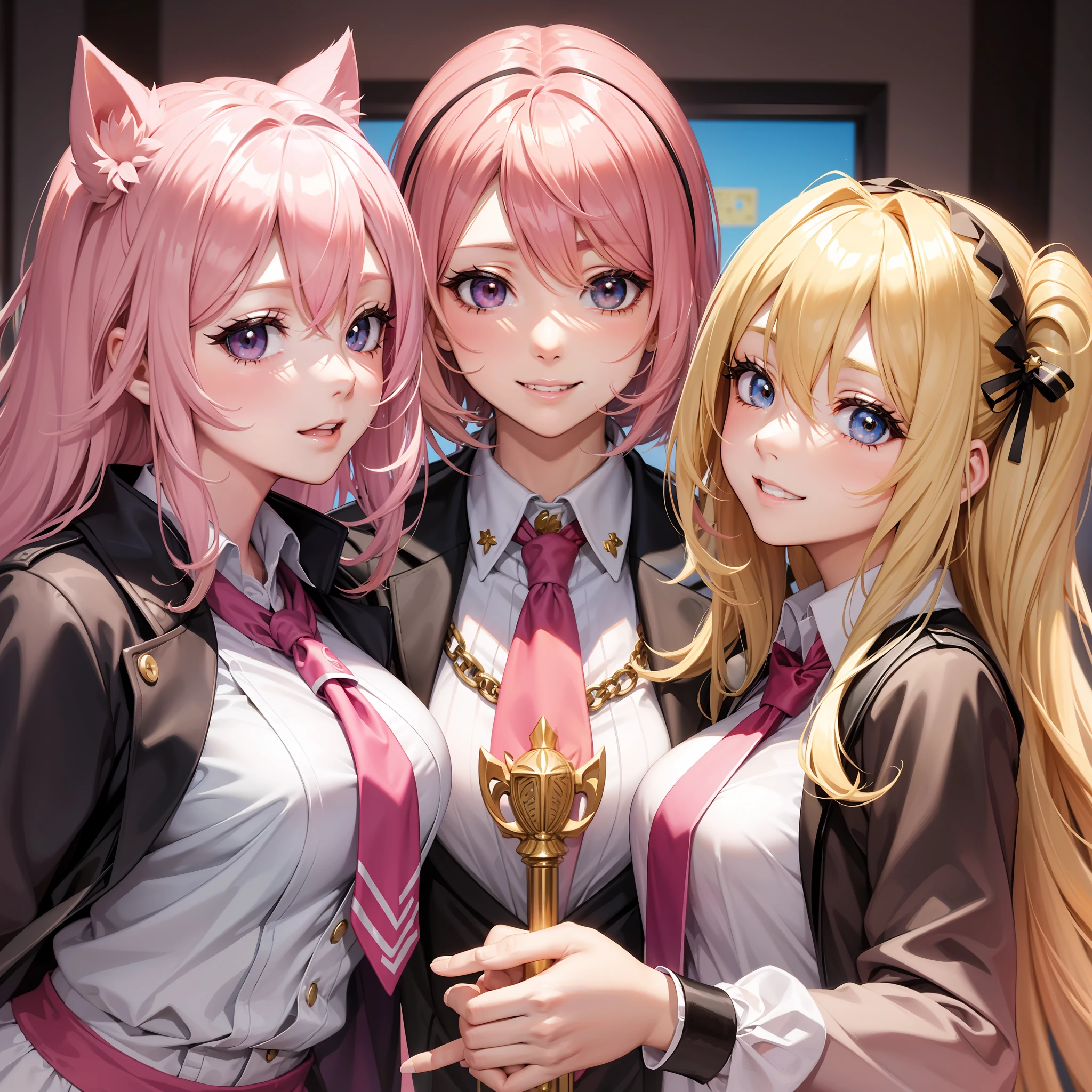 harem girl school smile top quality masterpiece uniform blonde pink hair multiple people