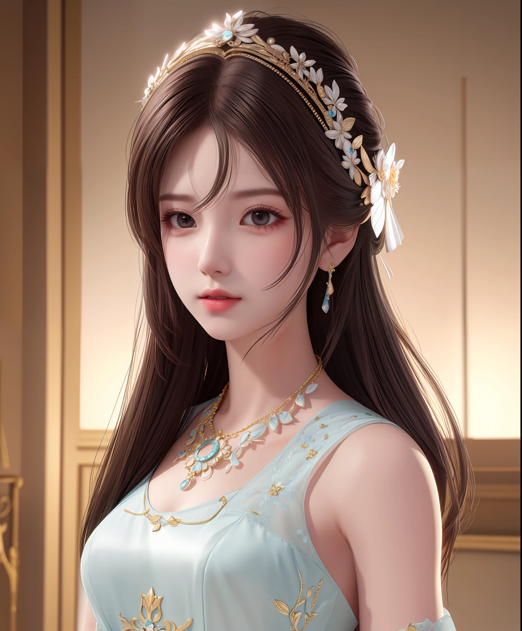 Best quality, masterpiece, high resolution, 1girl, porcelain dress, hair accessories, necklace, jewelry, beautiful face, on the body, Tyndall effect, realistic, dark studio, edge lighting, two-tone lighting, (high detail skin: 1.2), 8k UHD, dslr, soft light, high quality, volumetric light, candid, photo, high resolution, 4k, 8k, background blur,
