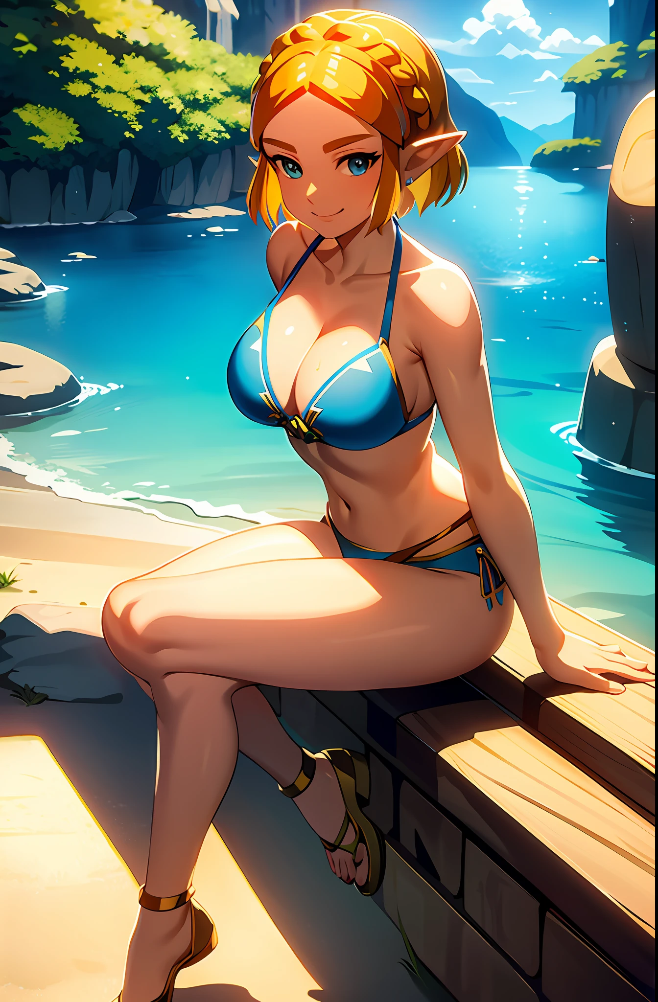 masterpiece,best quality,zelda\(princess\), 1girl, solo, large breasts,short_hair, cleavage, bare arms, sleeveless, micro bikini, smile, sitting