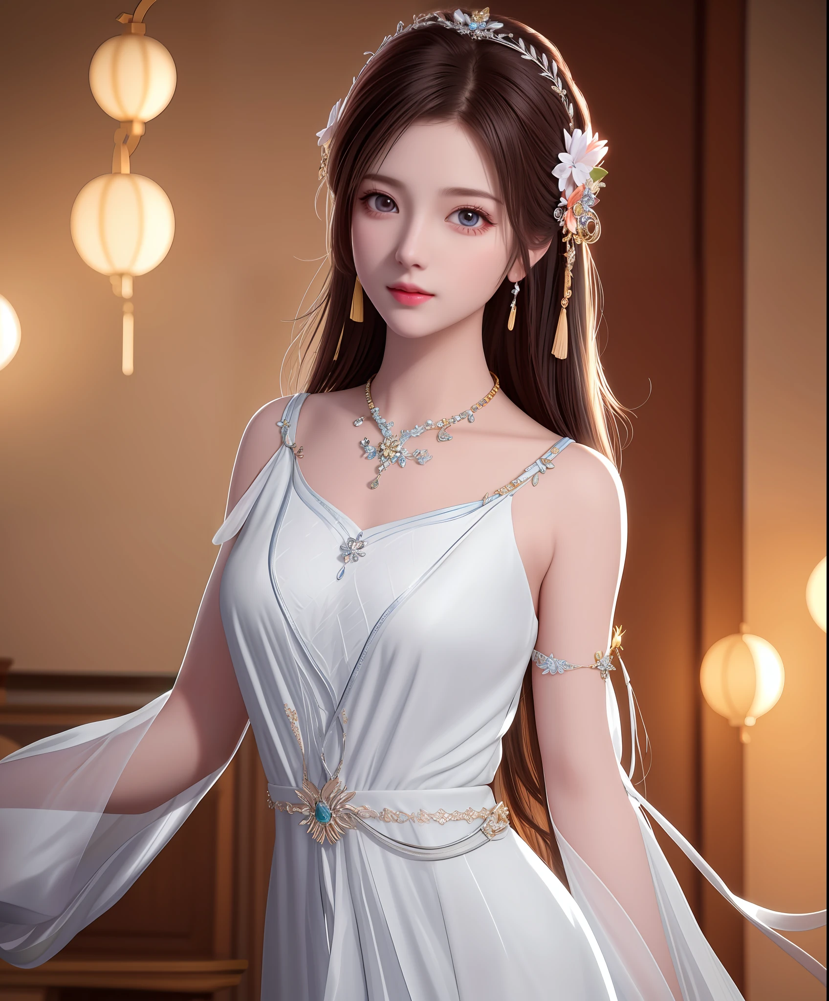 Best quality, masterpiece, high resolution, 1girl, porcelain dress, hair accessories, necklace, jewelry, beautiful face, on the body, Tyndall effect, realistic, dark studio, edge lighting, two-tone lighting, (high detail skin: 1.2), 8k UHD, dslr, soft light, high quality, volumetric light, candid, photo, high resolution, 4k, 8k, background blur,