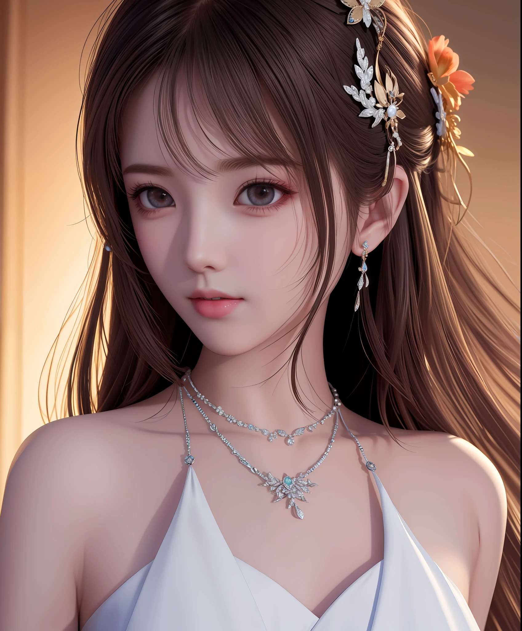Best quality, masterpiece, high resolution, 1girl, porcelain dress, hair accessories, necklace, jewelry, beautiful face, on the body, Tyndall effect, realistic, dark studio, edge lighting, two-tone lighting, (high detail skin: 1.2), 8k UHD, dslr, soft light, high quality, volumetric light, candid, photo, high resolution, 4k, 8k, background blur,