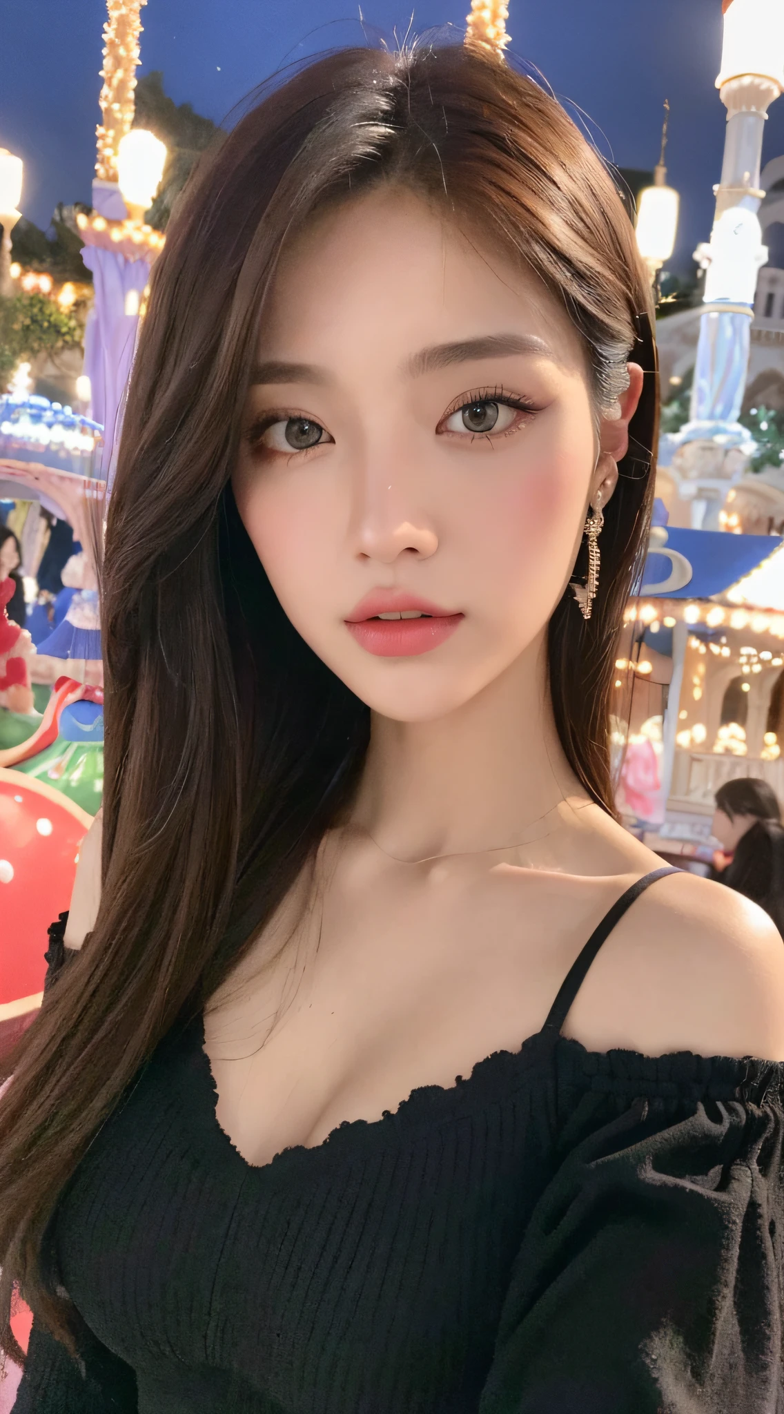 ((Night Scene, Realistic Light, Best Quality, 8K, Masterpiece: 1.3)), 1 Girl, Slim Body Beauty: 1.4, Brown Hair, (Big: 1.3), Off Shoulder Cut Top: 1.3, Ultra Detailed Face, Detailed Eyes, Double Eyelids, Disneyland, Merry-Go-Round, Cleavage