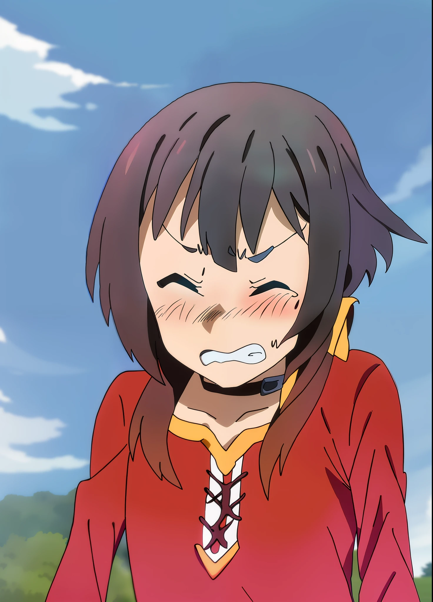 Megumin, sneezing, clenching teeth, furrowing eyebrows, closing eyes