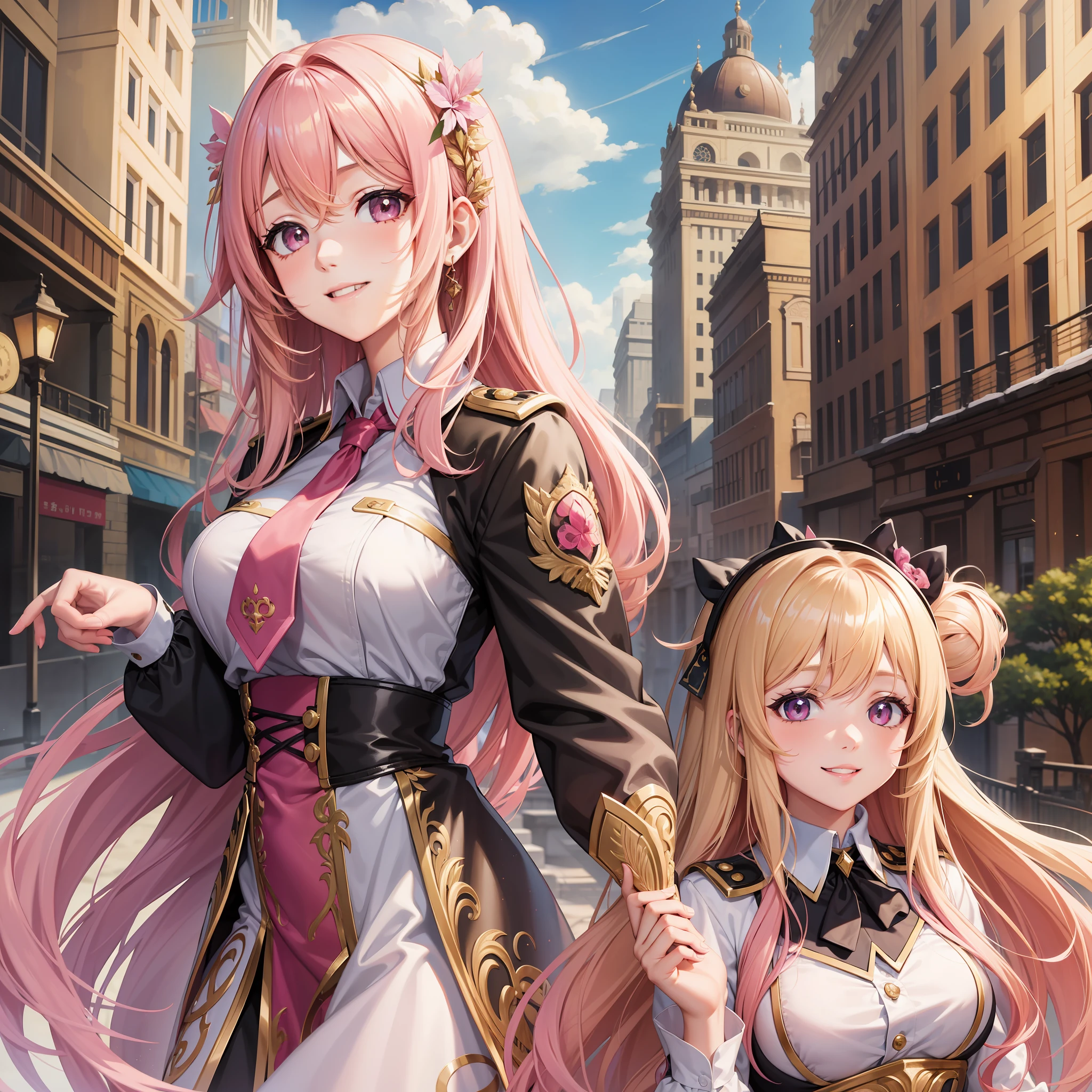 harem girl school smile top quality masterpiece uniform blonde pink hair multiple people