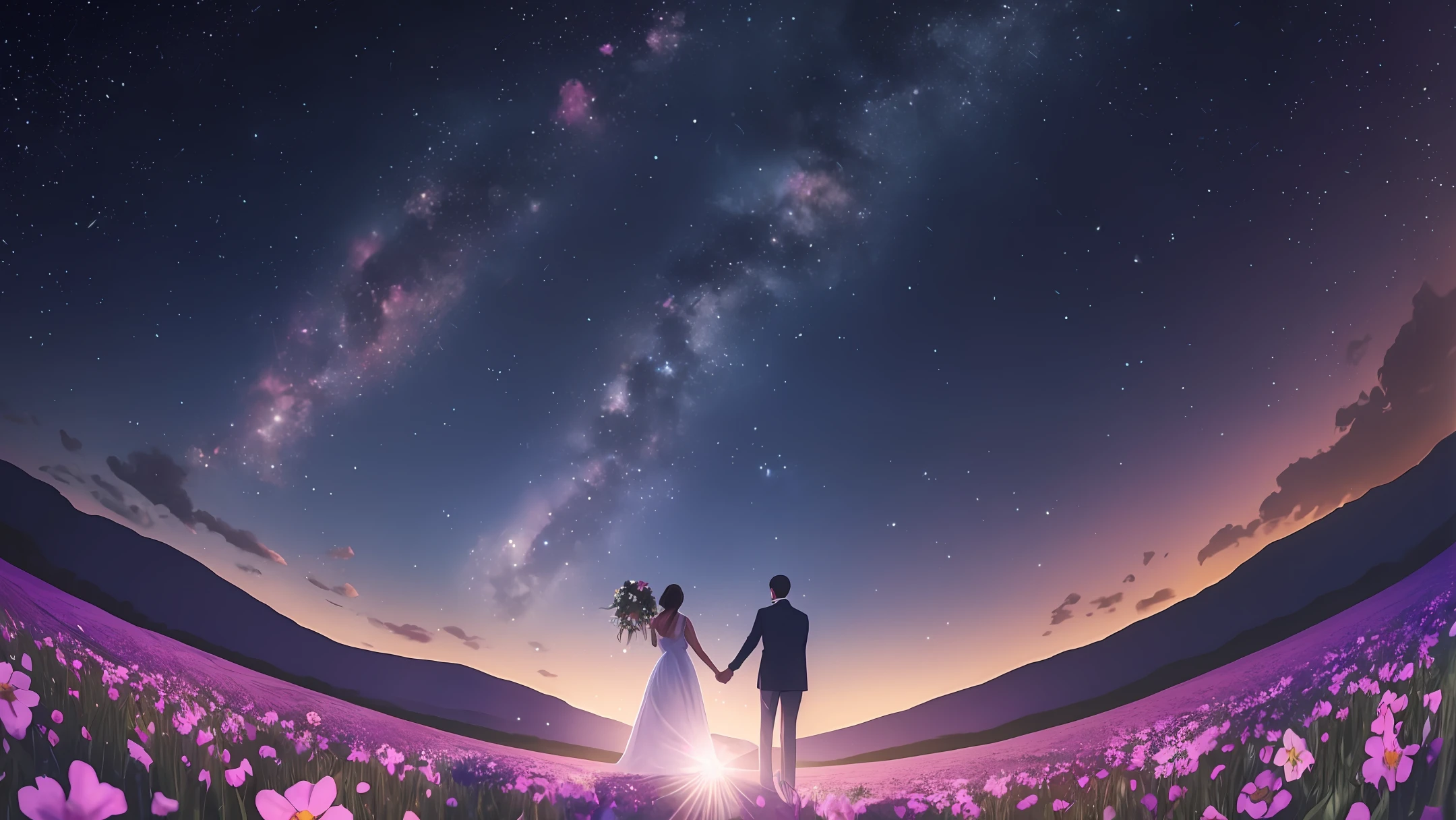 the shadow of a couple of lovers holding hands, in a field of flowers, looking at the starry sky with galaxies --auto --s2