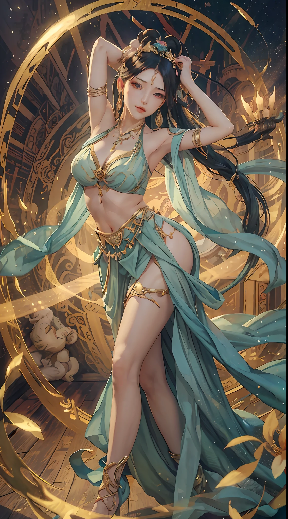 a mature female, ethereal, goddess, large breasts, vivid color, dunhuang_cloths, bare shouders, perfect female figure, tall figure, arms up, armpits, thighs, expressionless, [light smile:0.6], trending on Art Station, masterpiece, 8k resolution, fantasy art,