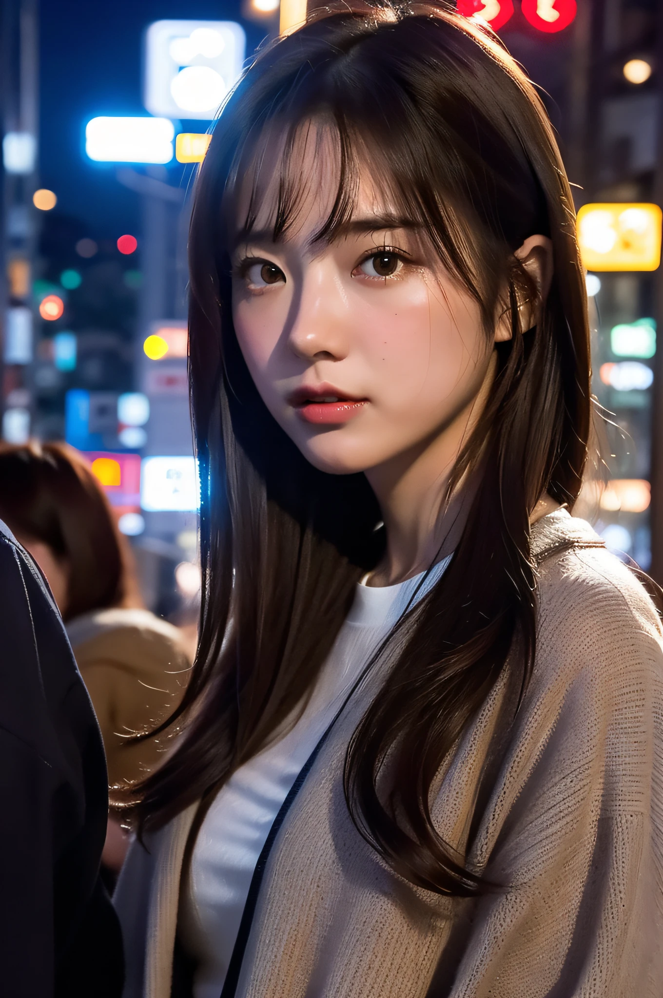 1girl, Tokyo street,night, cityscape,city lights, upper body,close-up, 8k, RAW photo, best quality, masterpiece,realistic, photo-realistic,