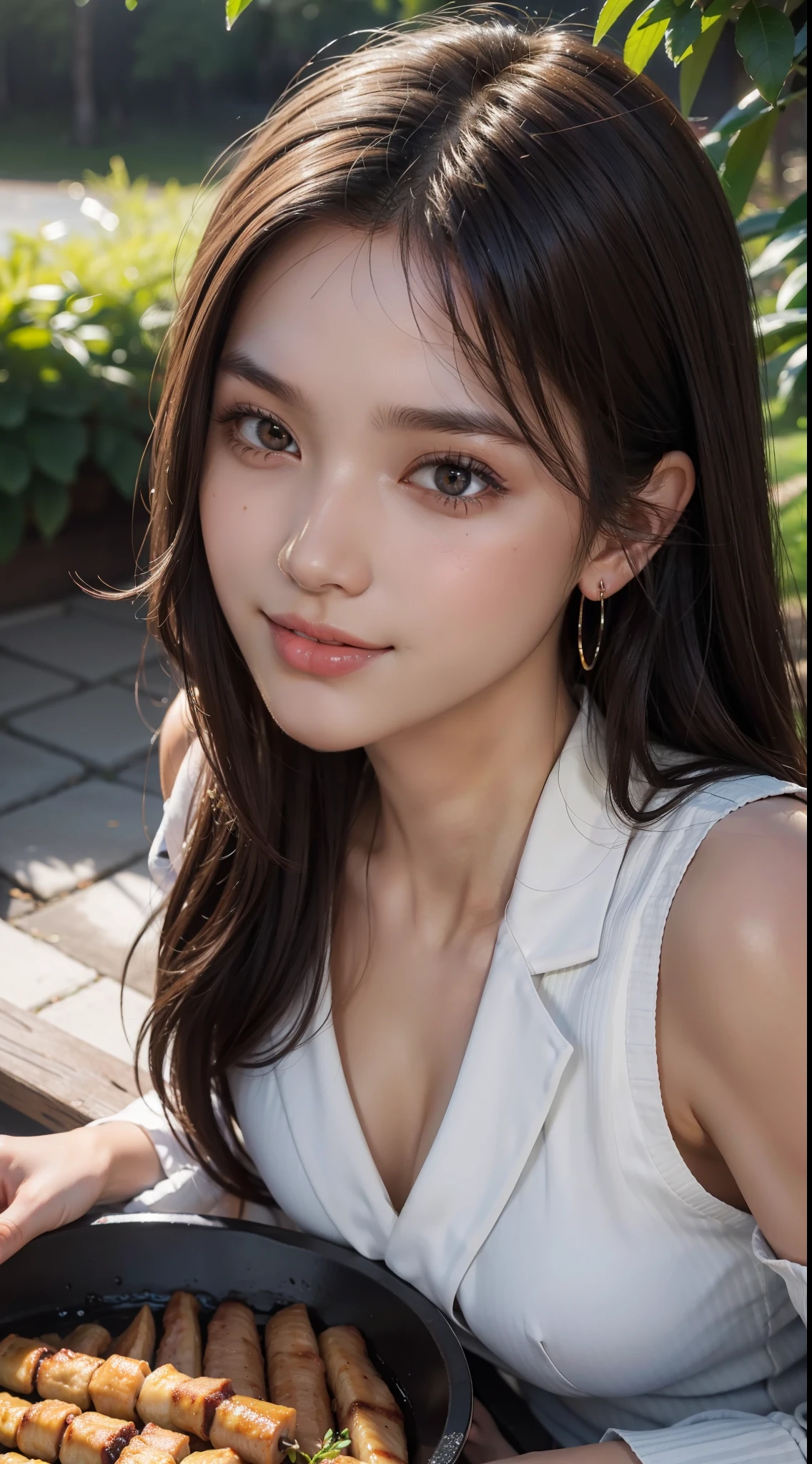 masterpiece, top quality, raw photo, photorealistic, big, face light, shiny skin, high resolution, super detail, detail, detailed eyes and face, sharp pupils, smile, sharp focus, shiny skin, brown hair, long hair, earrings, having barbecue, riverbed