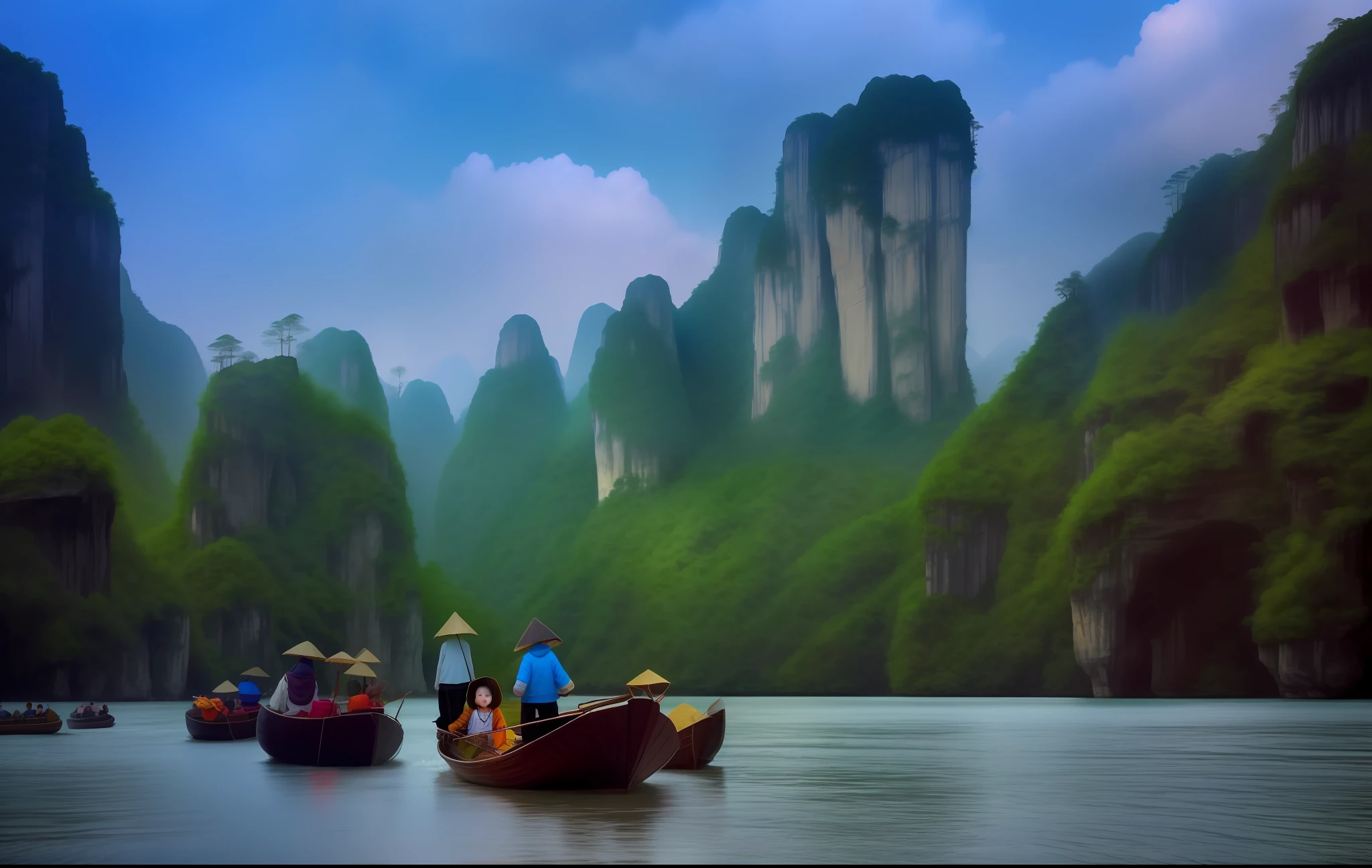 The little girl holds a wireless microphone, behind it is Zhangjiajie National Forest Park, Karst Pillar Forest, Zhangjiajie, Zhangjiajie in the early morning of Zhangjiajie, beautiful jungle in Vietnam, three boats in the river, very beautiful scenery, Guangjian, very, very beautiful scenery, breathtaking scenery, magnificent scenery, majestic natural scenery