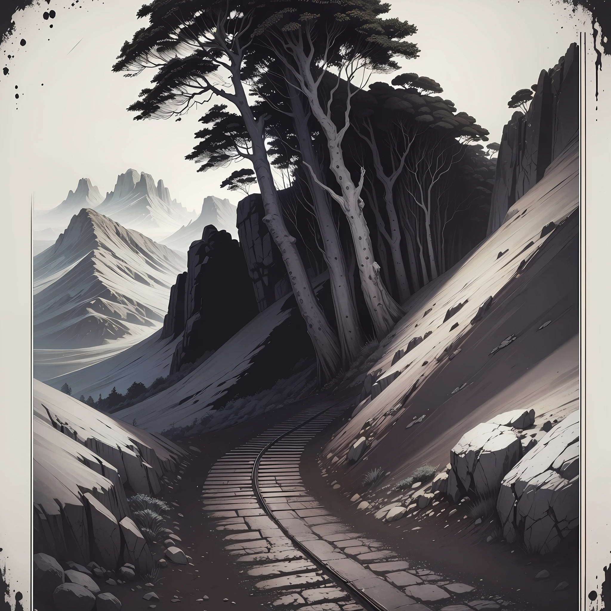 a road to a hill in the middle of the florest, Preto e branco, Xilogravura estilo de arte, Horror Ilustration, Vintage, Riddick, Gothic --auto --s2