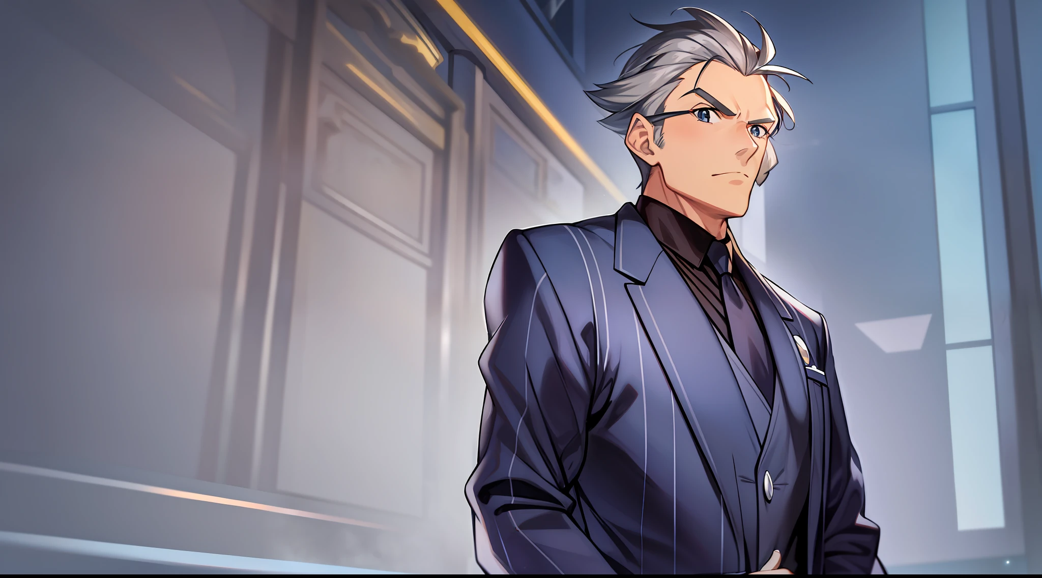 Prof. Oak from pokemon, grey hair :
'1990 Screenshot of male model Professor Oak from pokemon in a sophisticated navy blue pinstripe suit with oversized lapels and exaggerated shoulder pads, fashion movie scene, Balenciaga commercial --ar 3:2 --v 5'