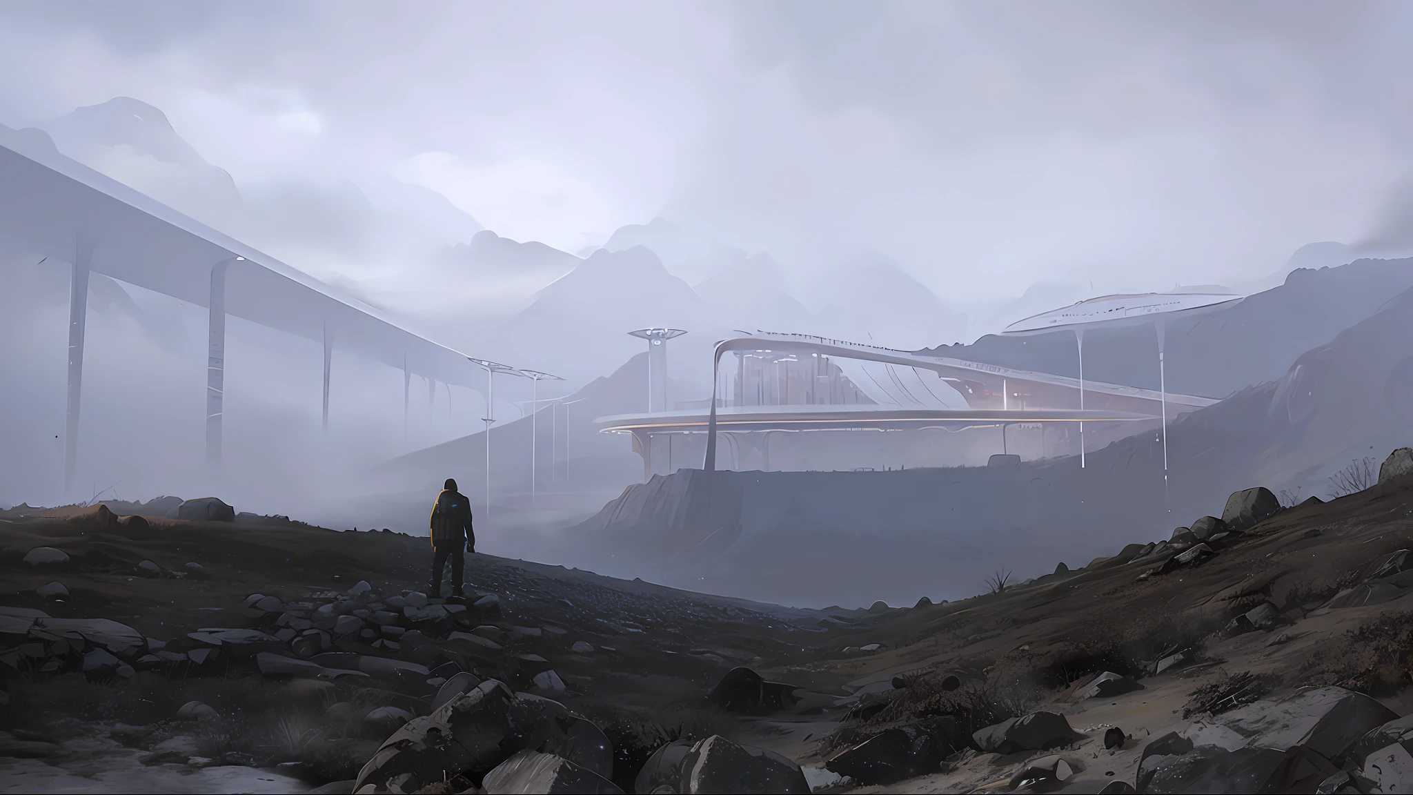 there is a man standing on a rocky hill looking at a bridge, science - fiction matte painting, futuristic landscape, mystical sci-fi concept art, futuristic outpost building, futuristic estructures in ruins, futuristic valley, futuristic base, dystopian alien landscape, science fiction matte painting, sci-fi of iceland landscape, sci - fi landscape, sci-fi landscape --auto --s2