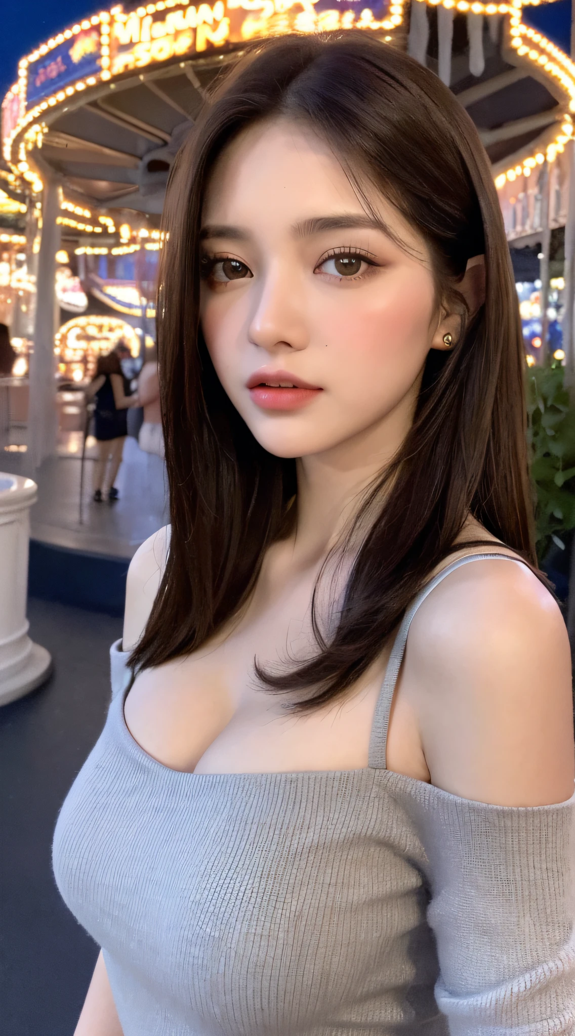((Night Scene, Realistic Light, Best Quality, 8k, Masterpiece: 1.3)), 1 Girl, Slim Body Beauty: 1.4, Brown Hair, (Big: 1.3), Off Shoulder Cut Top: 1.3, Ultra Detailed Face, Detailed Eyes, Double Eyelids, Disneyland, Ferris Wheel, Merry-Go-Round, Roller Coaster, Cleavage