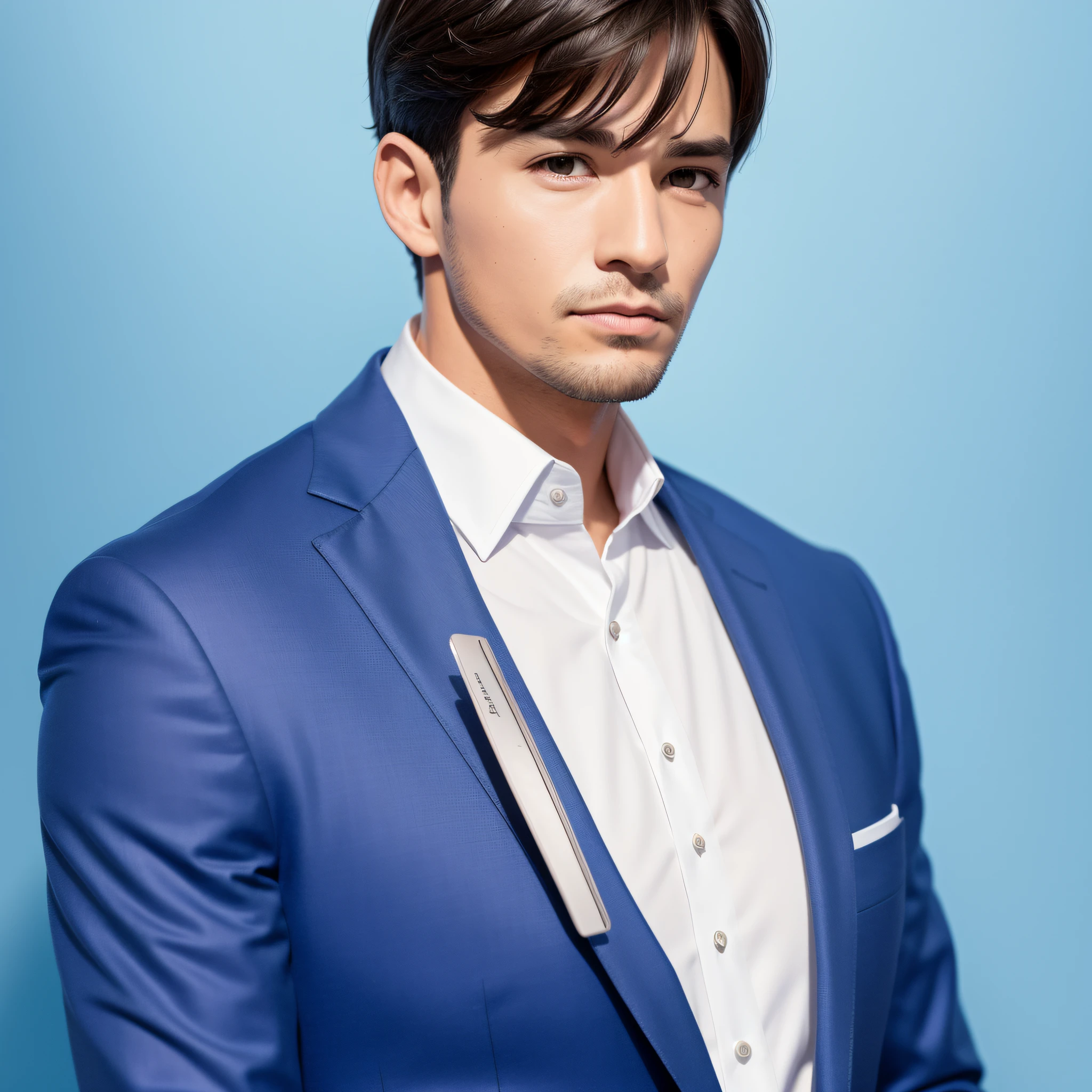 1 male, upper body, blue suit, white background, mature, ID photo,