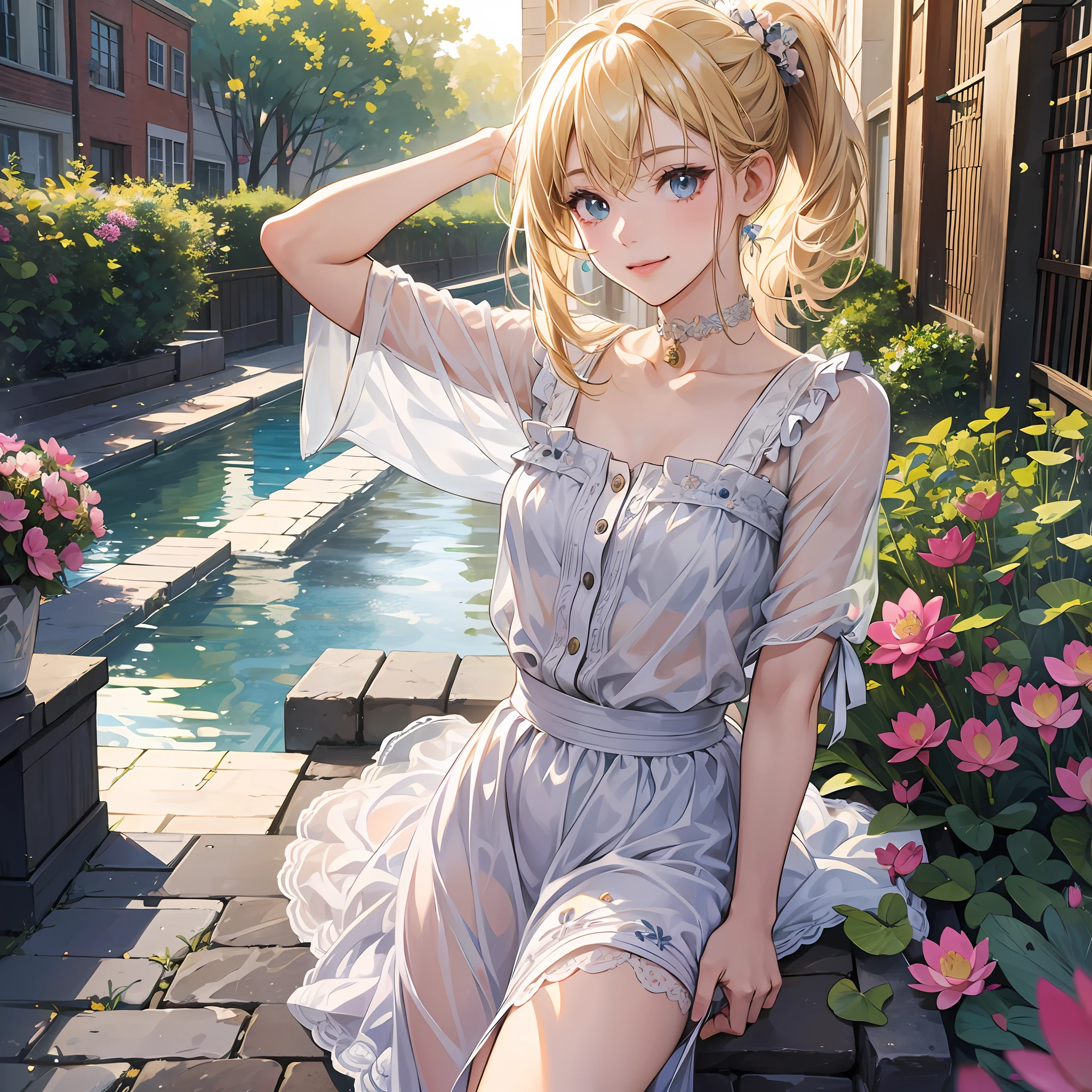 Super detailed, very detailed, masterpiece, highest quality, best quality, absurd, high resolution, subsurface scattering, (1girl:1.5), (solo:1.4), smile, lotus, blonde light blonde, asymmetrical hair, asymmetrical bangs, ponytail, medium bangs, hair between eyes, brown eyes, eye reflections, detailed eyes, perfect eyes, rendered eyes, (looking at the audience: 1.1), dynamic pose, dynamic angle, full body, perfect hands, hand details. Detail enhancement. Fine skin, skin pores, shiny skin, shiny skin, (skindentation:1.2), breasts, hair flow, idol, light casual wear, fine clothes, denim skirts, (penties:0.7), summer, daytime, sun, outdoors, college, campus, city, sidewalk, (water:0.8), (Detailed background: 1.2), (Complex background: 1.2), Depth of field, small choker --auto --s2