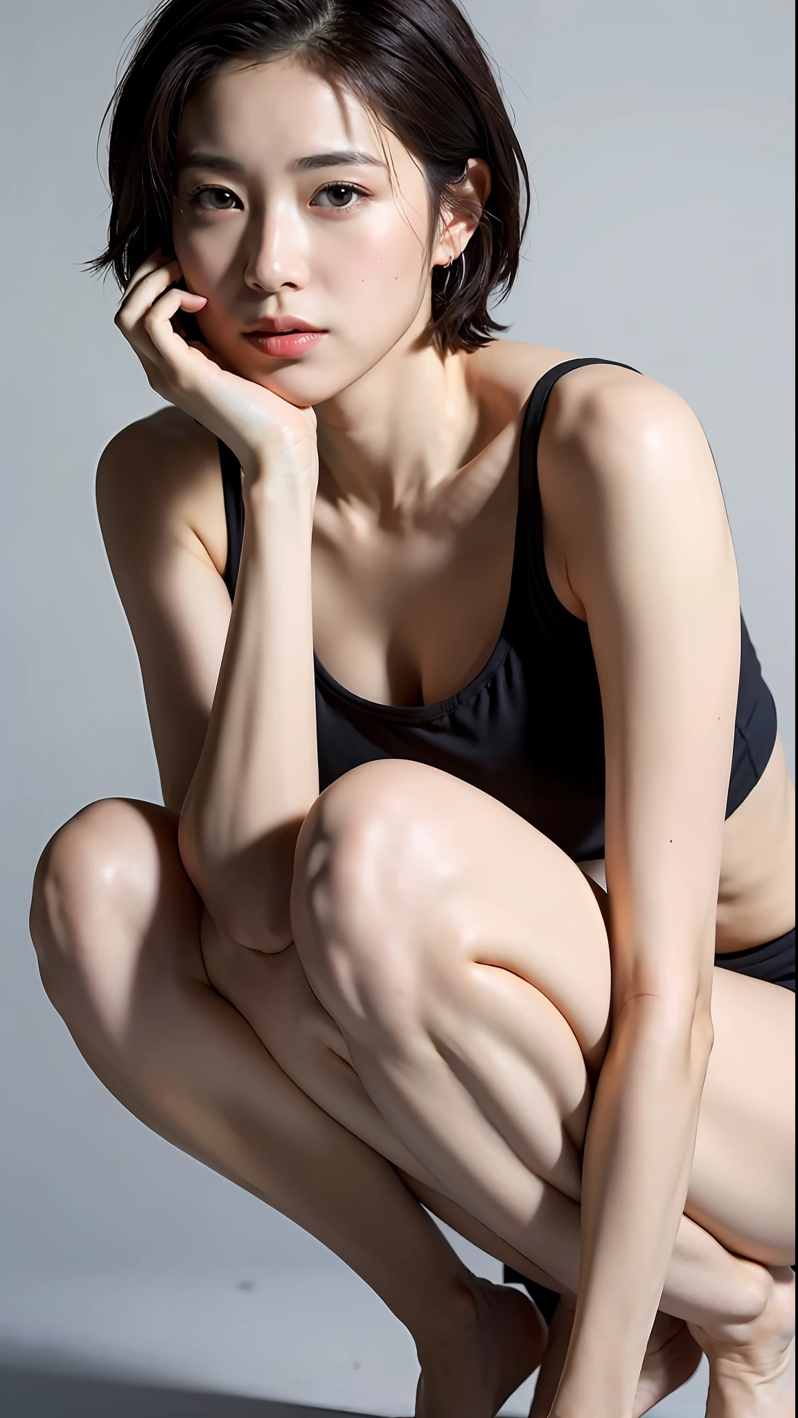 (Best Quality, 8k, 32k, Masterpiece, UHD: 1.2), Cute Japan Woman Pictures, Short Hair, Squatting, Tank Top, Simple Background,