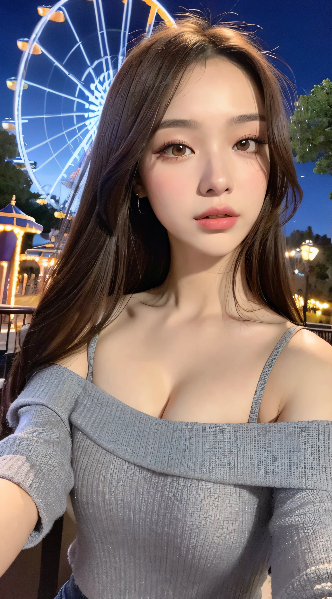 ((Night Scene, Realistic Light, Best Quality, 8k, Masterpiece: 1.3)), 1 Girl, Slim Body Beauty: 1.4, Brown Hair, (Big: 1.3), Off Shoulder Cut Top: 1.3, Ultra Detailed Face, Detailed Eyes, Double Eyelids, Disneyland, Ferris Wheel, Merry-Go-Round, Roller Coaster, Cleavage