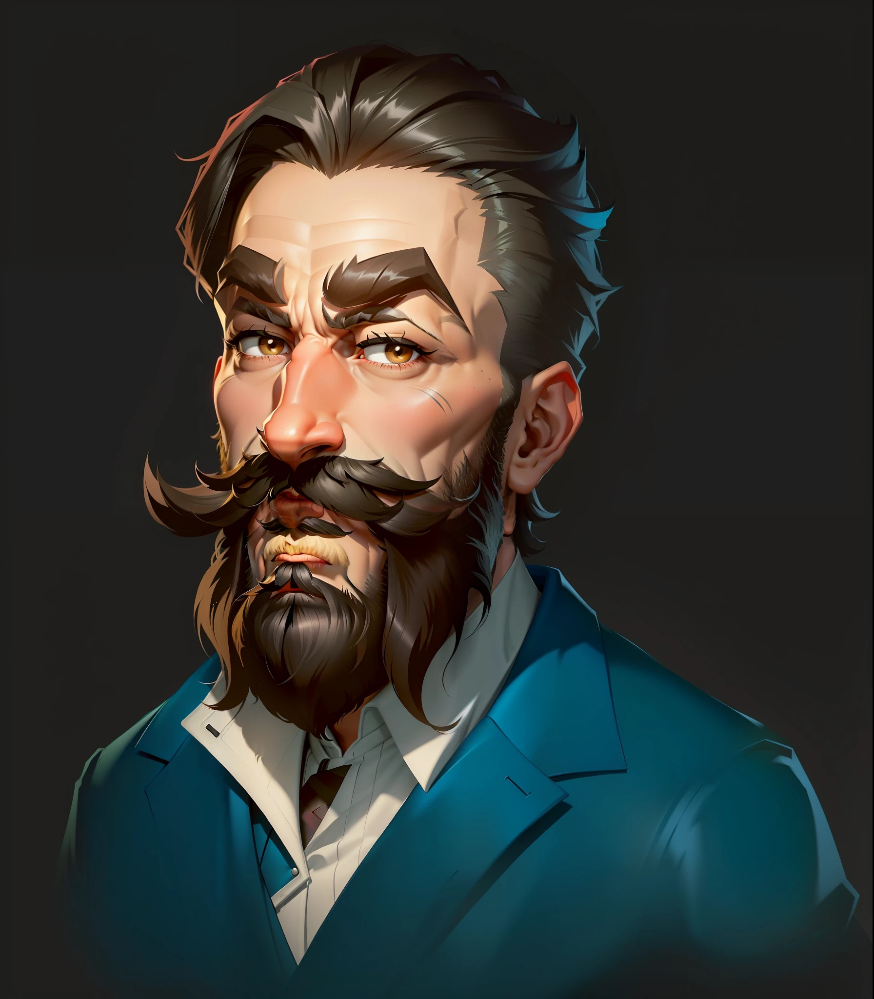 a close up of a man with a beard and a mustache, a portrait of the character, stylized portrait, stylized character, character headshot portrait, character artist, character portrait, character art portrait, stylized game art, painted character portrait, stylized art, character - portrait, style of kieran yanner, stylized portrait h 640
