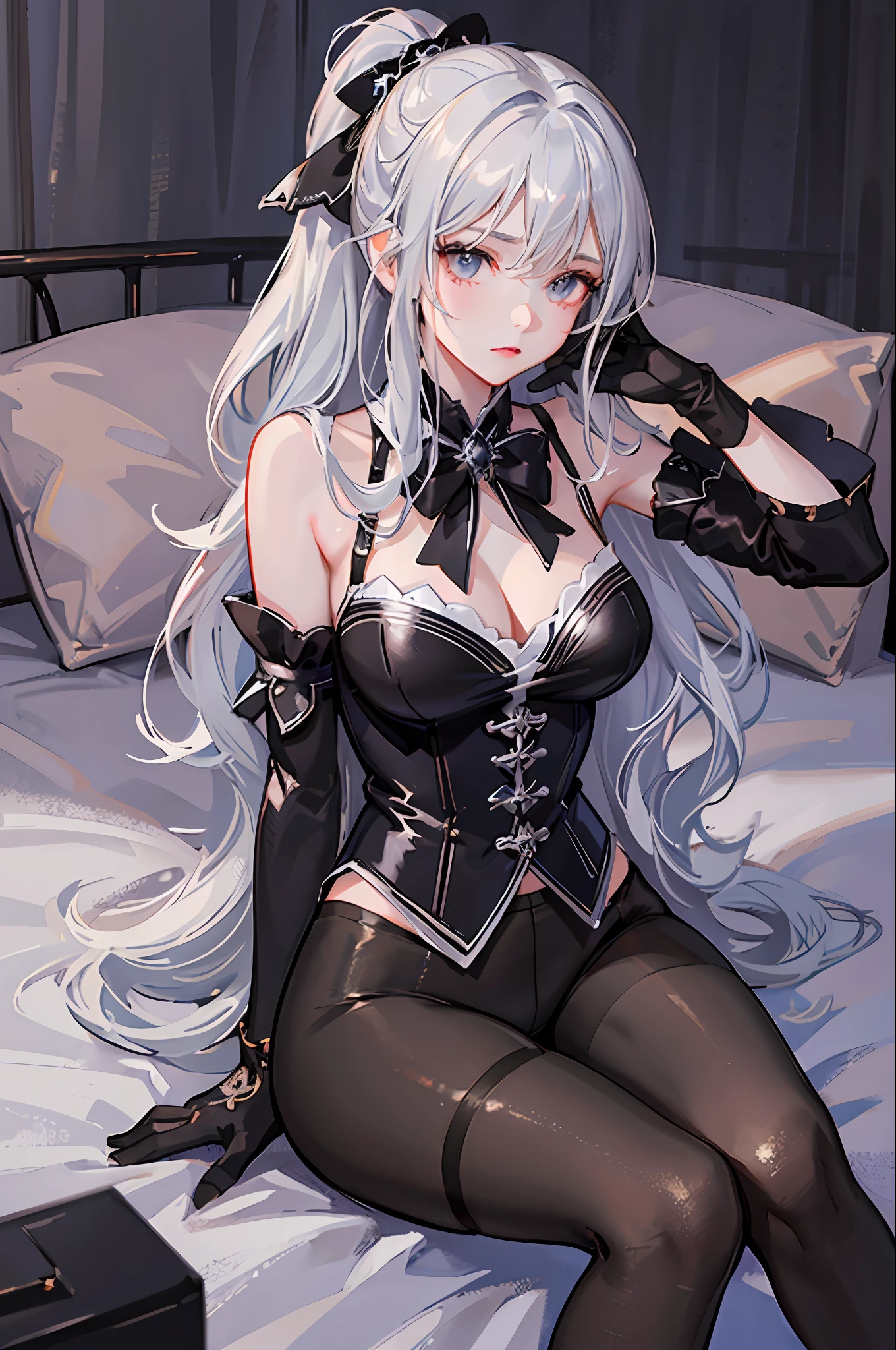 (((1 girl)),ray tracing,(dim lighting),[detailed background (bedroom)),((silver hair)),((silver hair)),(Fluffy silver hair, plump slender girl)) with high ponytail)))) Avoid blonde eyes in the ominous bedroom ((((Girl wears intricately embroidered black high-waisted pants with pantyhose) and white ruffled bow gloves), showing a delicate slim figure and graceful curves, correct limbs, sitting on the bed