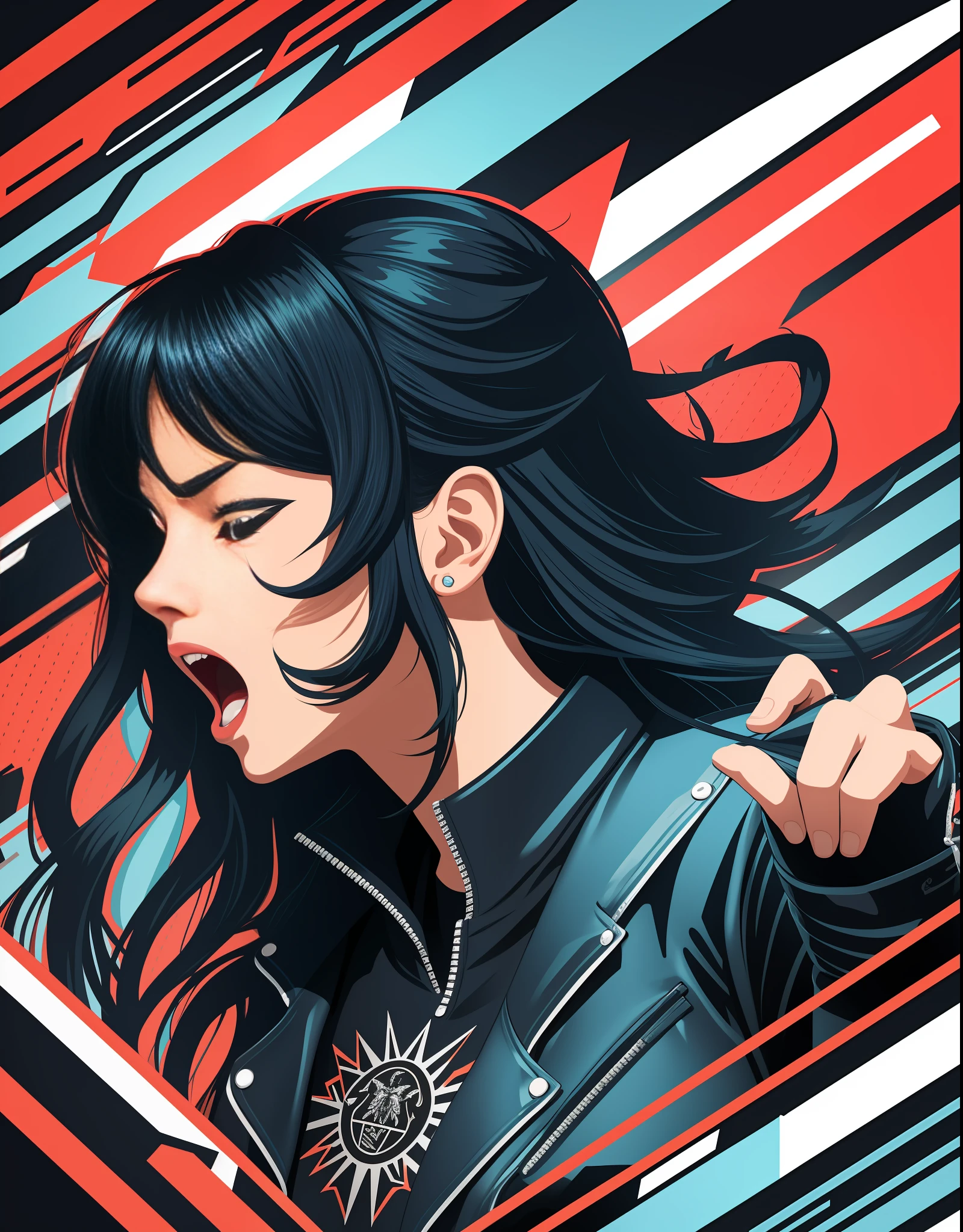 [Women, wearing riders jacket, screaming in horror, eyes close strongly, rock 'n' roller], heraldic silhouette, logo masking style illustration, black background, art, realistic, majestic, blue color tone, rich vivid colors, high contrast, seamless water brand, art station, deviant art, dribbling, red bubble, Tee public, sharp focus, simple, hyper detail, detailed drawing, vectorization, outline, isometric style, 8k.
