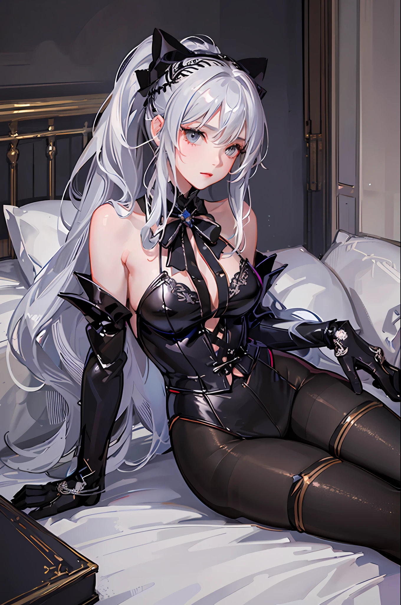 (((1 girl)),ray tracing,(dim lighting),[detailed background (bedroom)),((silver hair)),((silver hair)),(Fluffy silver hair, plump slender girl)) with high ponytail)))) Avoid blonde eyes in the ominous bedroom ((((Girl wears intricately embroidered black high-waisted pants with pantyhose) and white ruffled bow gloves), showing a delicate slim figure and graceful curves, correct limbs, sitting on the bed