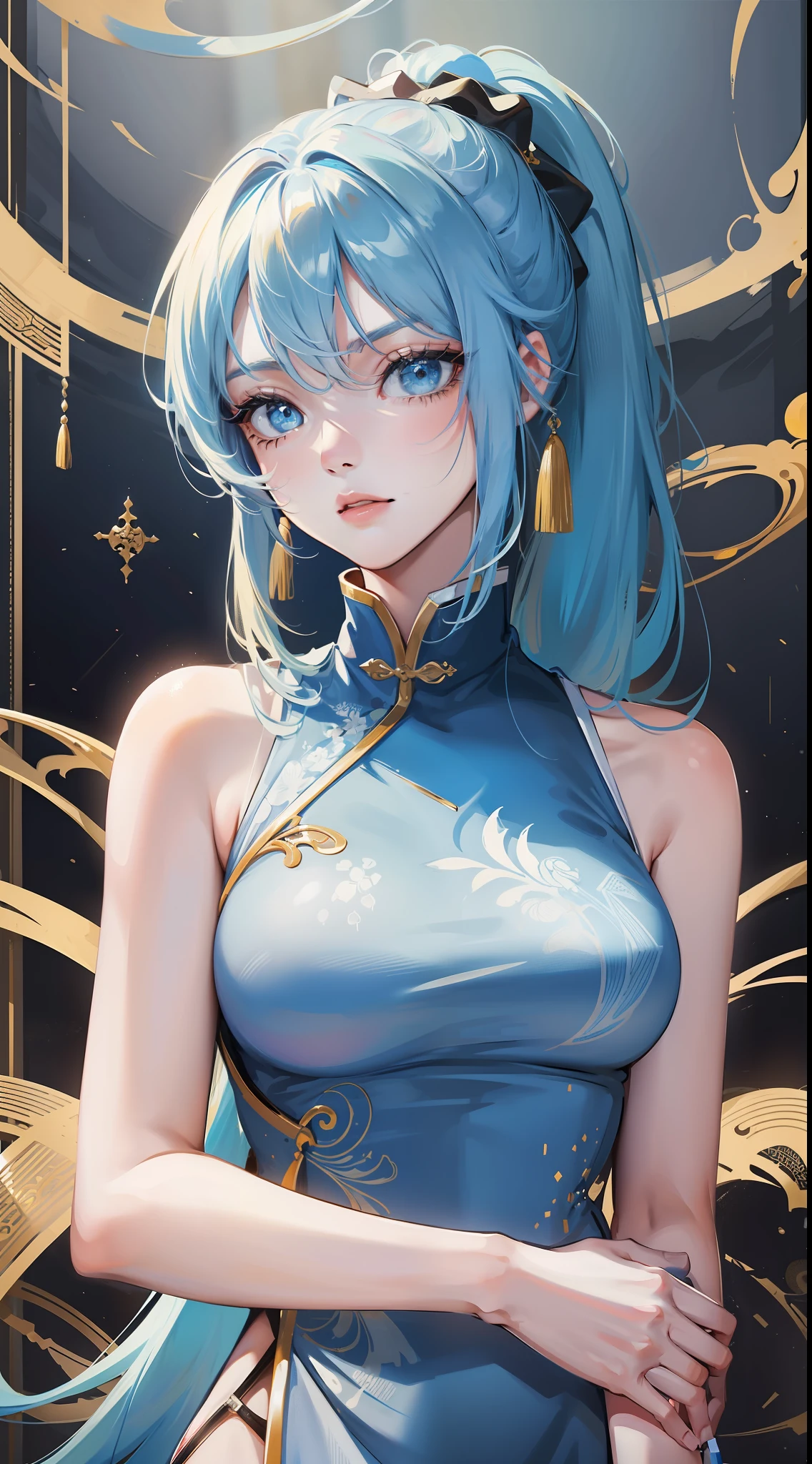 Adult girl, long blue hair with white strands, high ponytail, cyan eyes, blue and white sleeveless Chinese dress, fan, gold jewelry, serious look, security guards, masterpiece, high quality