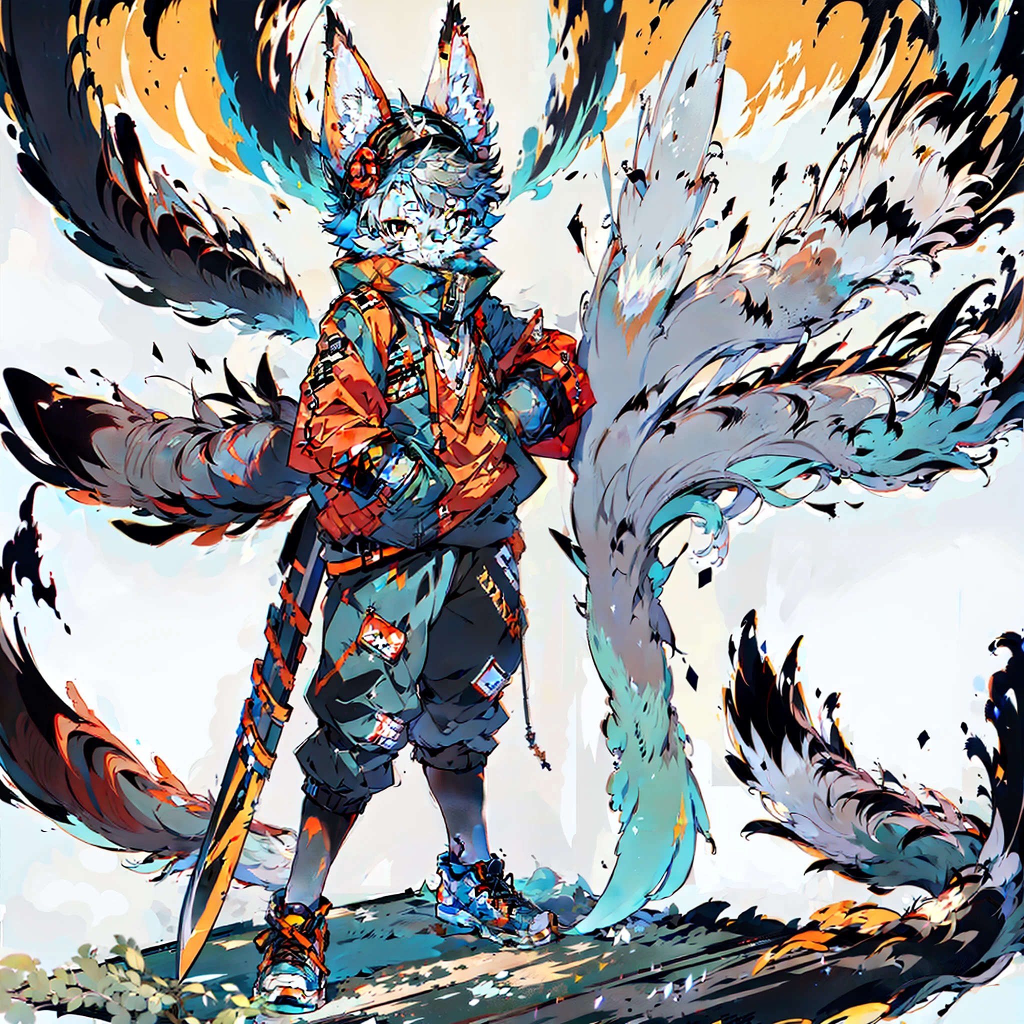 (fluffy anthro furry:1.3), 1girl, solo, furry cat, cat ears, solo, furry, furry male, male focus, anthr, (full body fur, fluffy tail, gray-black fur, brown eyes, gray hair: 1.2), (long canine) anime style gray-black wolf boy battle-hardened trained holding symmetrical long-bladed weapons with two ends full body