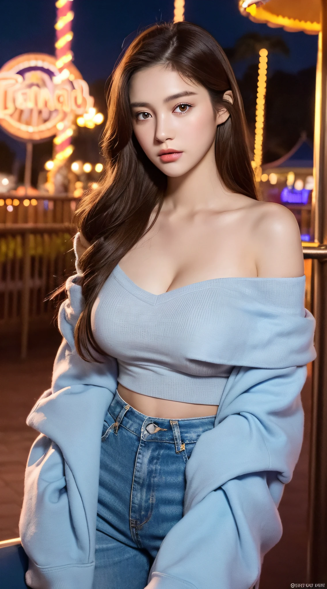 ((Night Scene, Realistic Light, Best Quality, 8k, Masterpiece: 1.3)), 1 Girl, Slim Body Beauty: 1.4, Brown Hair, (Big: 1.3), Off Shoulder Cut Top: 1.3, Ultra Detailed Face, Detailed Eyes, Double Eyelids, Disneyland, Ferris Wheel, Merry-Go-Round, Roller Coaster, Cleavage