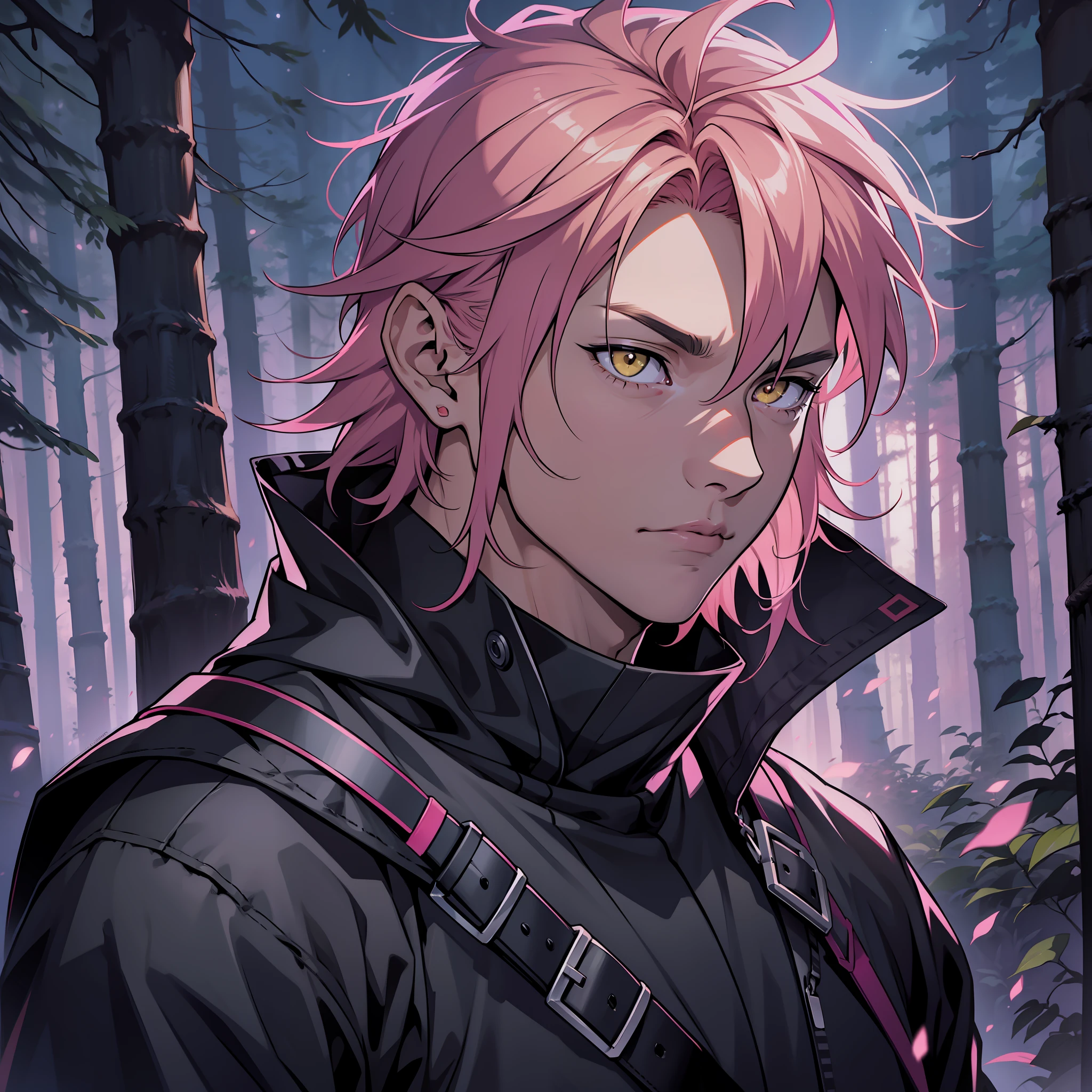 anime image of a man with dark pink hair and yellow eyes, short hair, spiky hair, 1man, solo man, anime handsome man, name of the character is chad, pink - haired anime boy, male anime character, expressionless, emotionless, head shot, close up shot, deep in a forest, dark night, night, black night, deep night, night sky, ninja clothing, japanese clothing, dark clothing