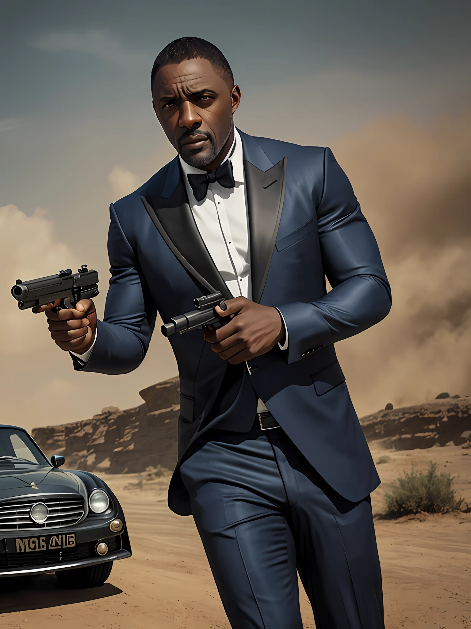 Idris Elba as James Bond 007 posing holding a gun cinematic view photorealistic photoshopped 16k resolution