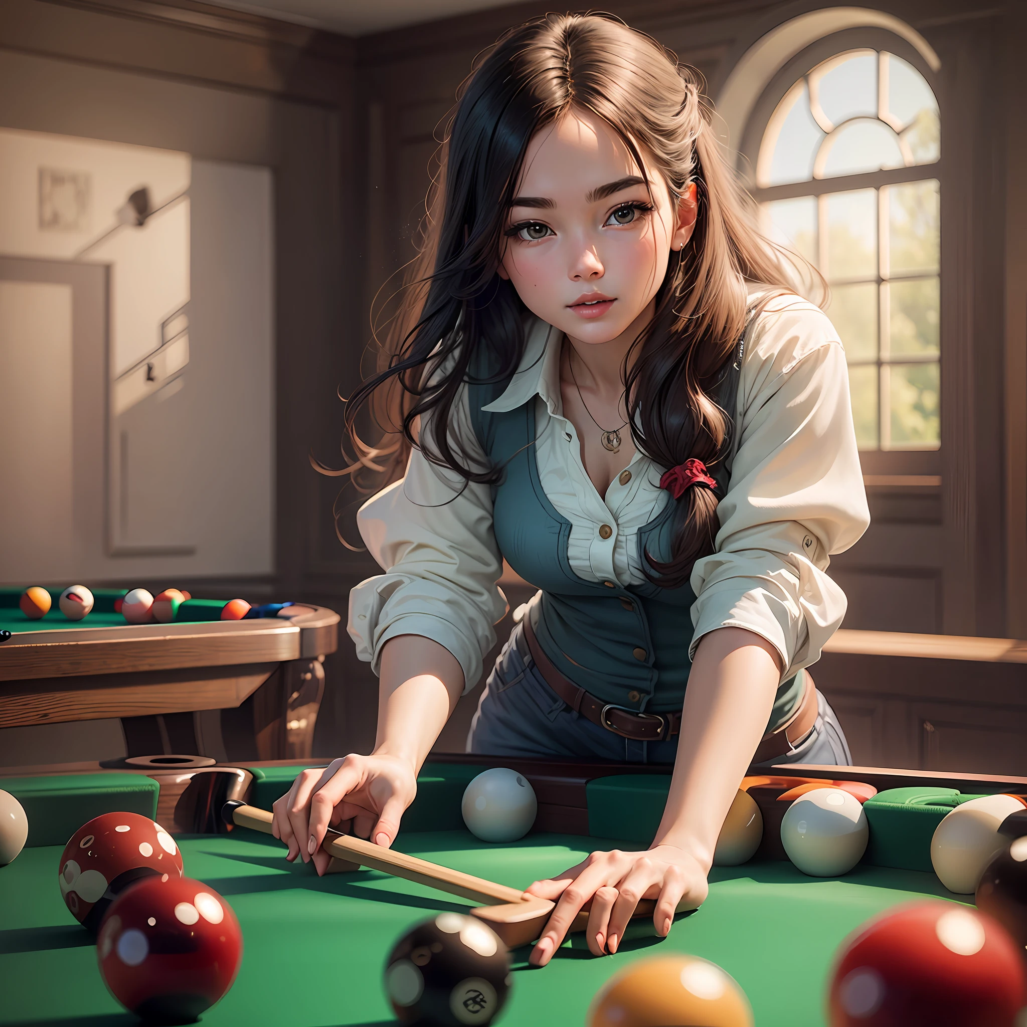 Masterpiece 8K picture quality Billiard room Young and beautiful girl Close-up of face Girl playing pool with a club The movements are beautiful and smooth --auto --s2