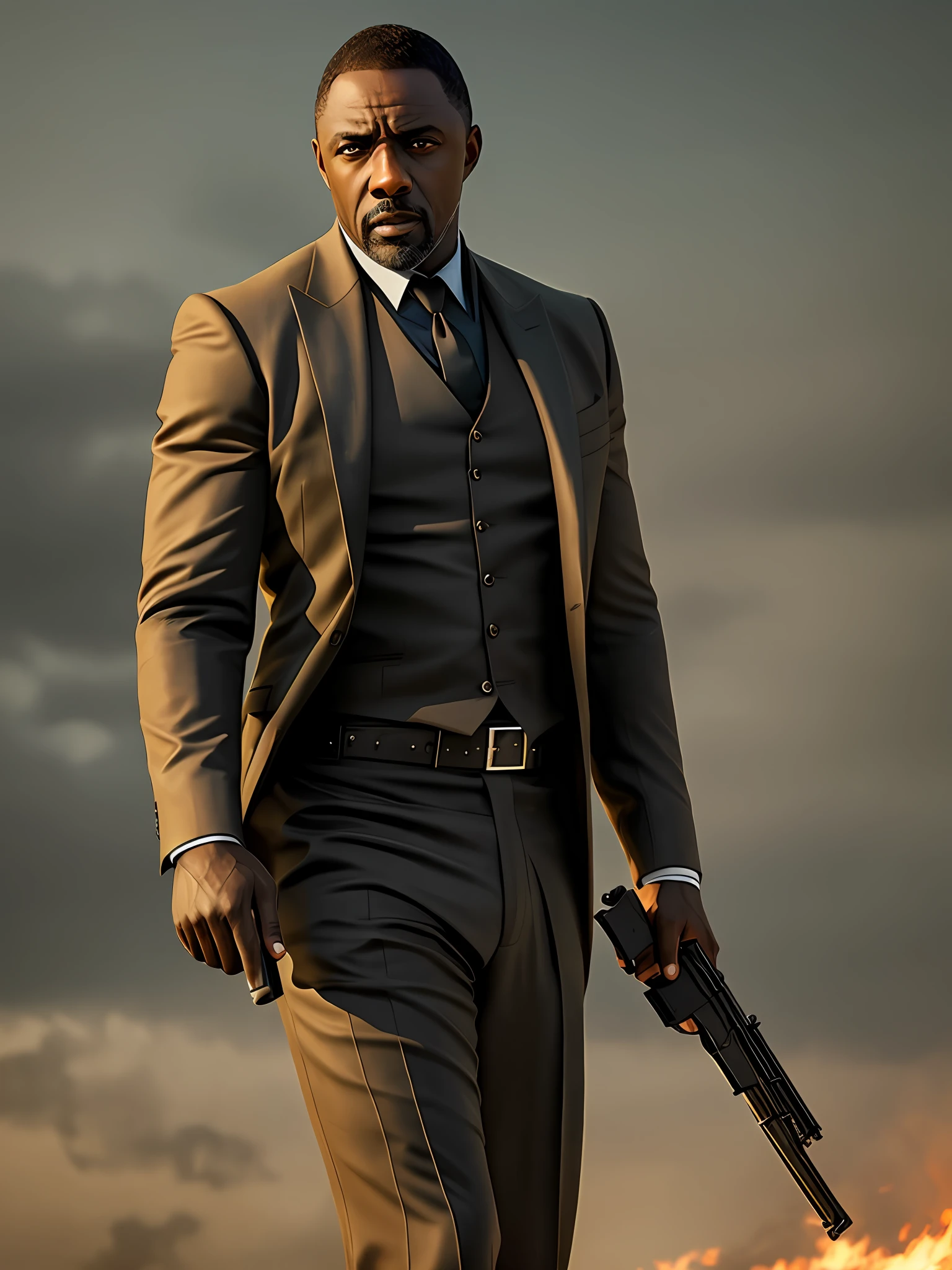 Idris Elba as James Bond 007 posing holding a gun cinematic view photorealistic photoshopped 16k resolution