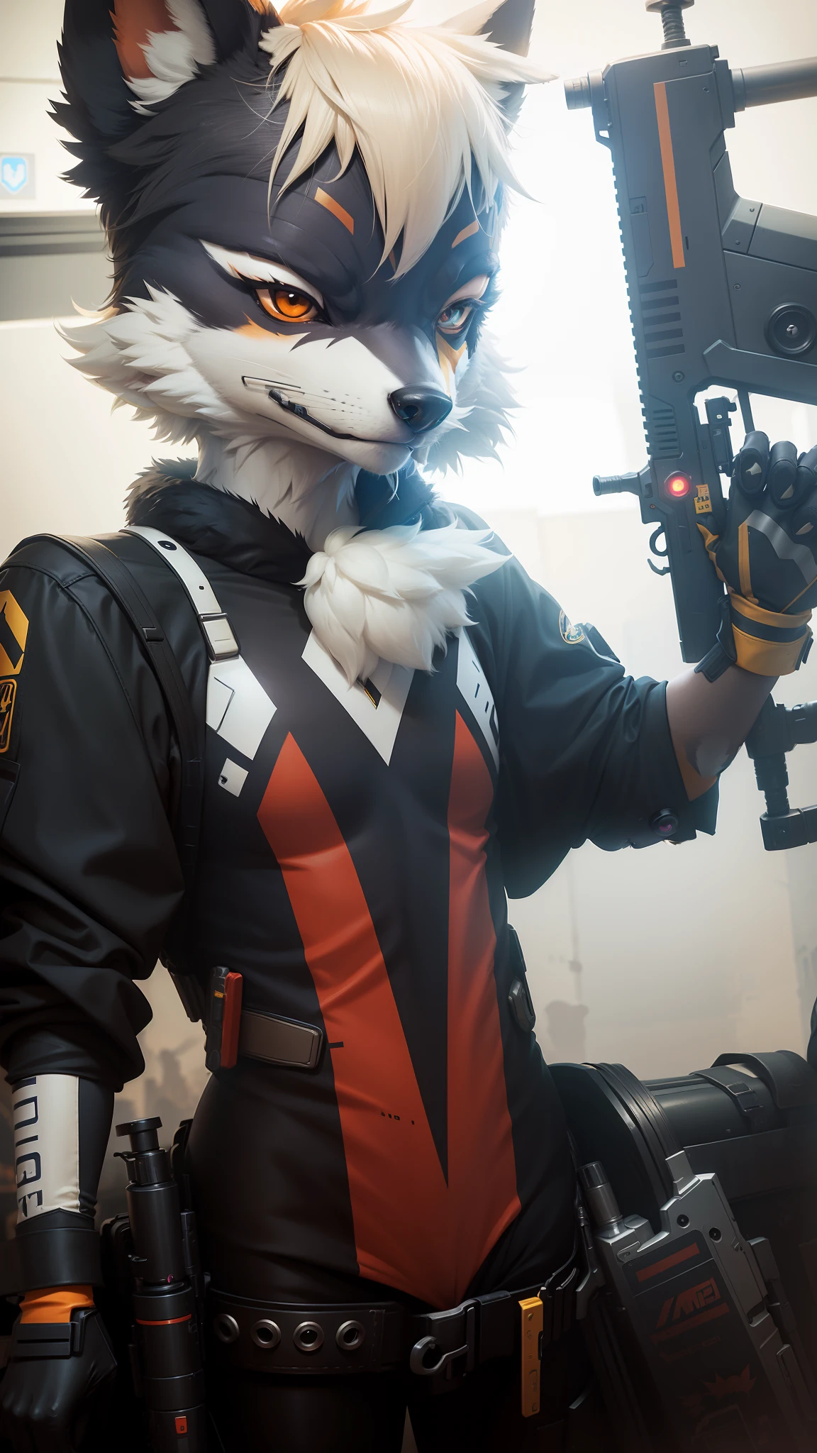 araffe dressed in a costume holding a gun and a gun, fursuit, as an overwatch character, an anthropomorphic cyberpunk fox, as overwatch character, fursuit!!!!, full body with costume, furry character, full body mascot, professional cosplay, racoon holding a laser gun, full costume, kitsune inspired armor, furry furaffinity