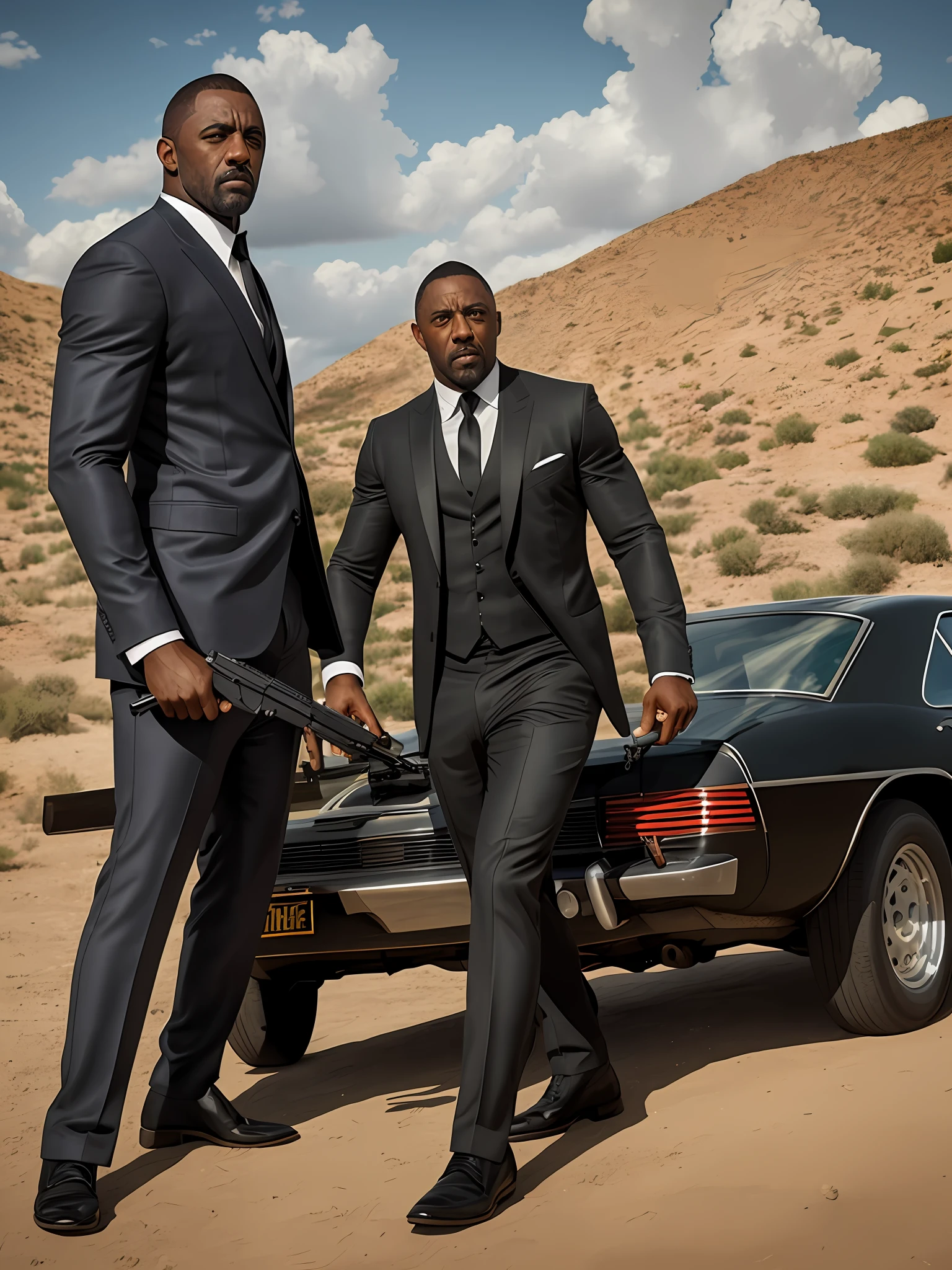 Idris Elba as James Bond 007 posing holding a gun cinematic view photorealistic photoshopped 16k resolution