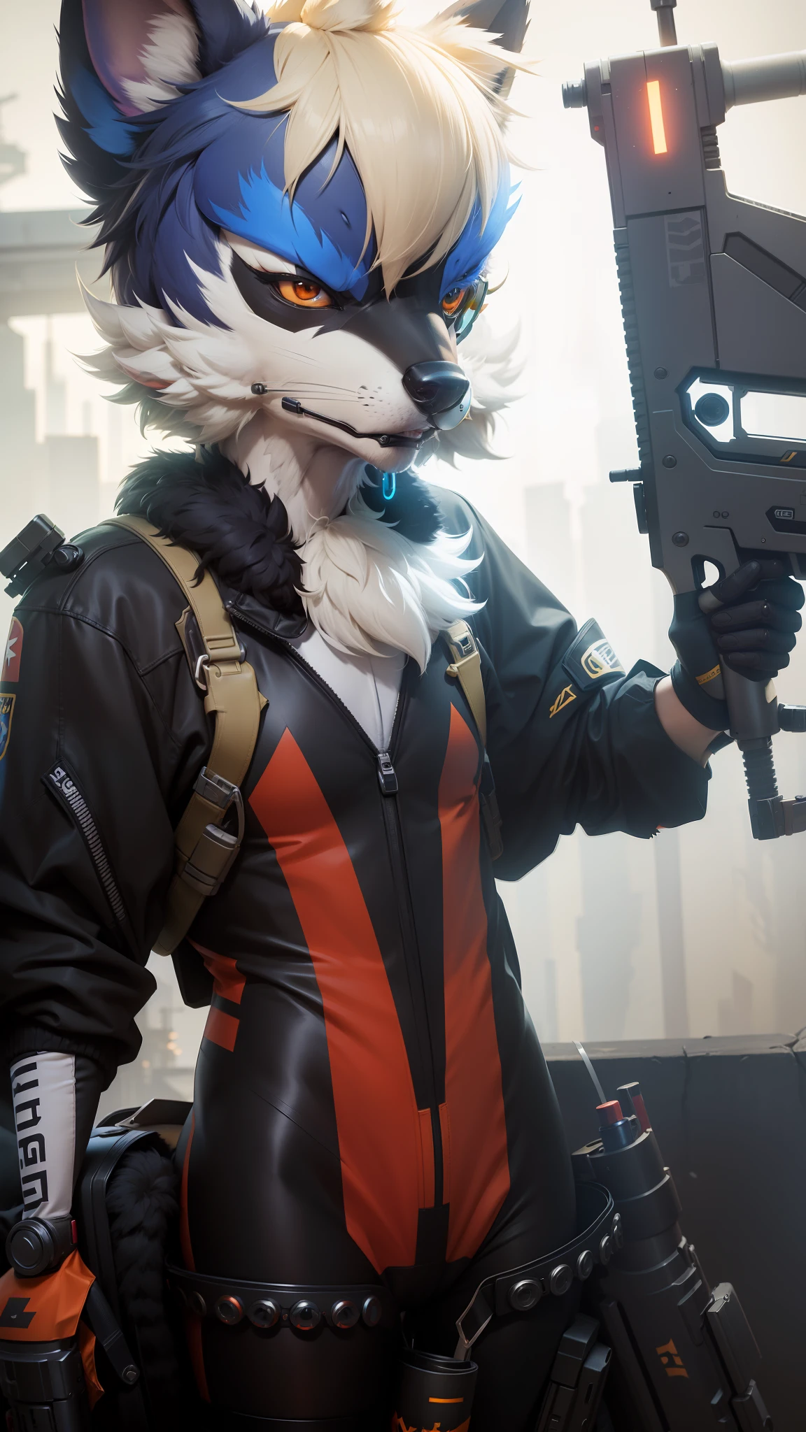 araffe dressed in a costume holding a gun and a gun, fursuit, as an overwatch character, an anthropomorphic cyberpunk fox, as overwatch character, fursuit!!!!, full body with costume, furry character, full body mascot, professional cosplay, racoon holding a laser gun, full costume, kitsune inspired armor, furry furaffinity