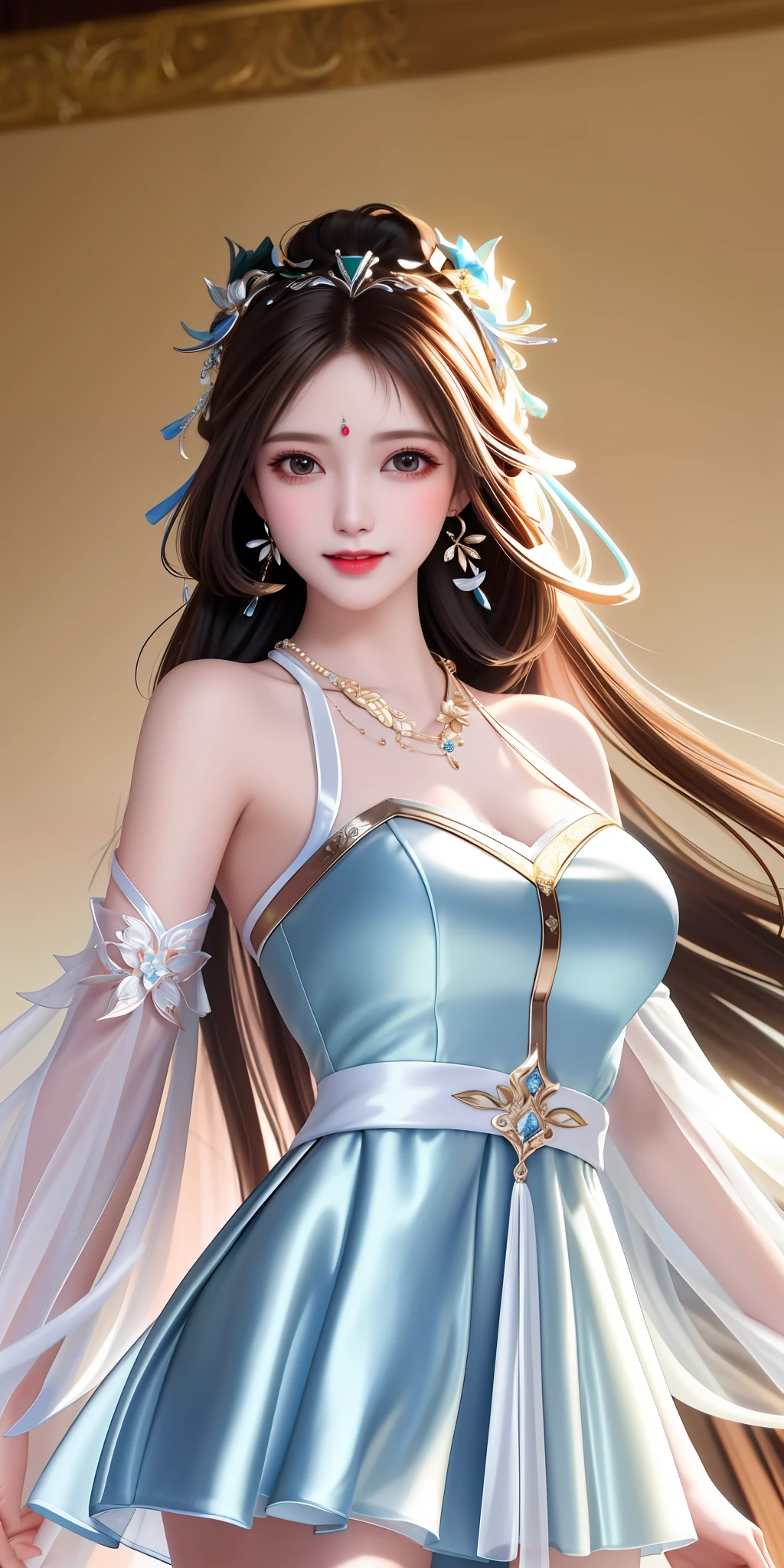 Best Quality, Masterpiece, High Resolution, 1girl, Clear Silk Porcelain Dress, Pretty Face, Hair Accessories, Look at the Audience, Smile, Close Mouth, Lips, Dress, Hair Accessories, Necklaces, Jewelry, Long Hair, Earrings, Beautiful Face, Body, Tindal Effect, Realism, Shadow Studio, Edge Lighting, Two-Color Lighting, (High Detail Skin: 1.2), 8k UHD, DSLR, Soft Light, High Quality, Volume Lighting, Photo, High Resolution 4K, 8k, Blurred Background