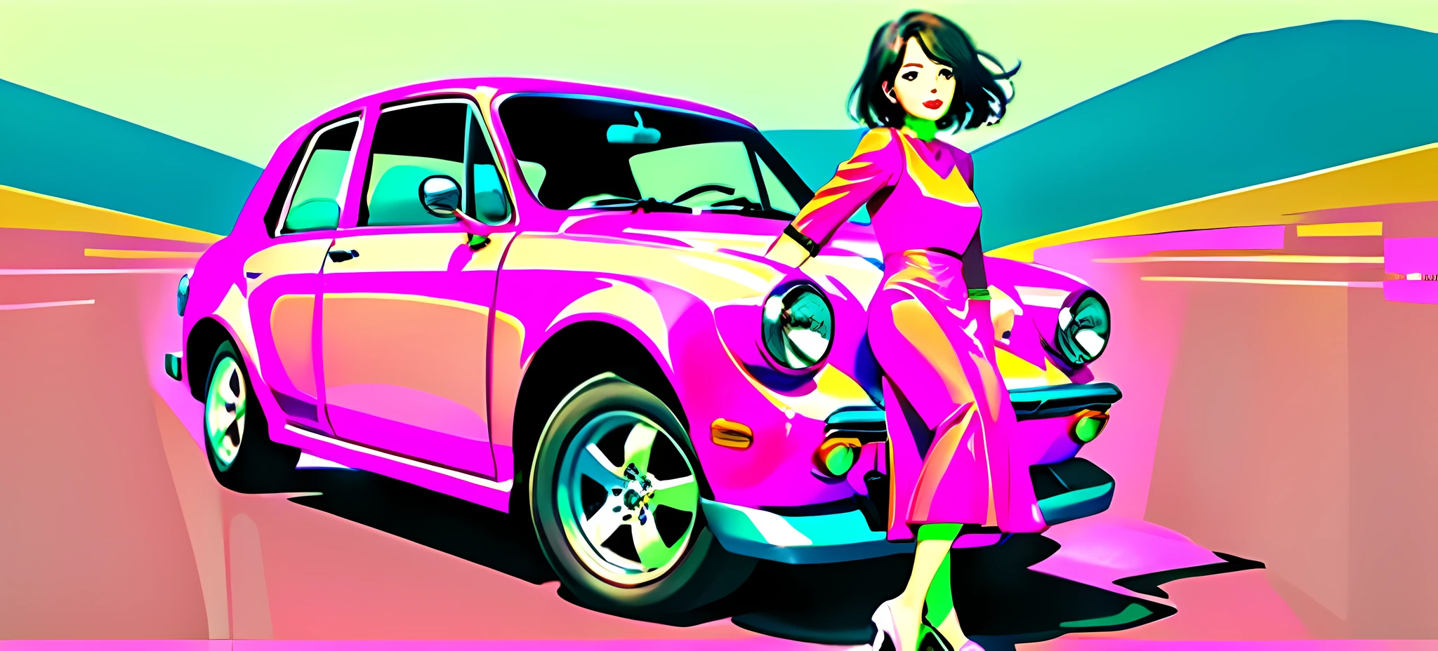 A woman in a pink dress stands in front of a pink car