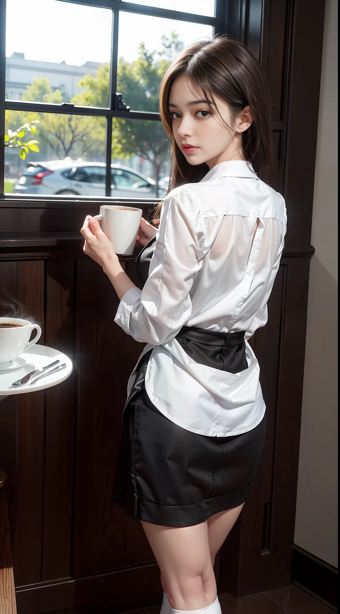 (Photoreal: 1.4), (Hyperrealistic: 1.4), (Realistic: 1.3), (Smooth Lighting: 1.05), (Improved Cinematic Lighting Quality: 0.9), 32K, 1 female, 24 year old business woman, Angle from back, Realistic lighting, Backlight, Face light, Ray Tracking, (Bright light: 1.2), (Quality Improvement) : 1.4), (Top quality realistic textured skin: 1.4), fine detailed eyes, detailed face, fine quality eyes, dark brown eyes, (tired, sleepy and satisfied: 0.0), white blouse, black café skirt, black apron, dark brown hair, pure white silk socks, black strap pumps, (shiny smooth fabric white silk socks: 1.5), dark brown hair, Facing the camera, with legs open (full body: 1), carrying a tray of coffee set and background of a café