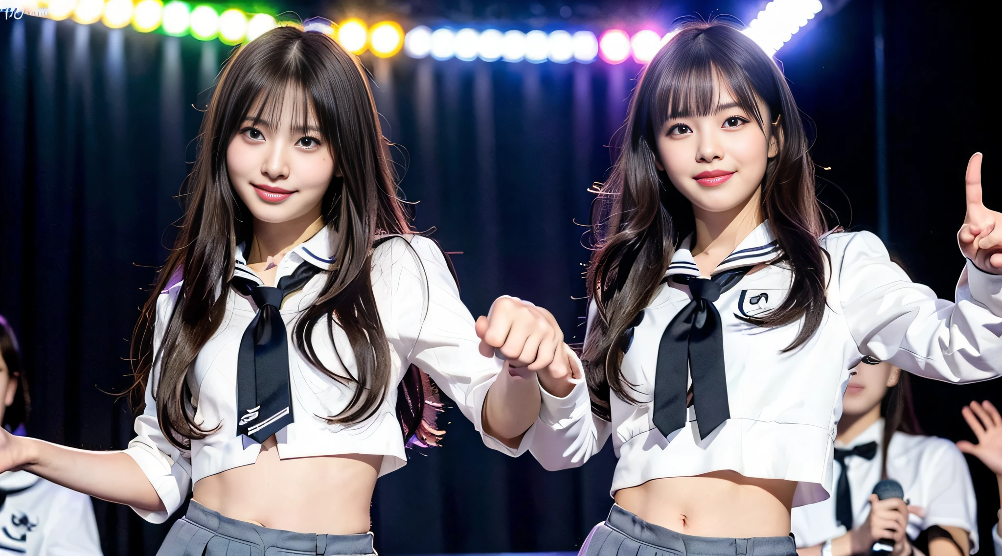 (8k, RAW photos, top quality, masterpiece: 1.2), super detail, super resolution, (photorealistic: 1.4), , high school girl miss con, schoolgirl posing on stage, smile so much that you can see teeth, full body shot, full body photo, high resolution RAW color photo, beautiful and shiny stage light, real light, detailed background of female proofreading miss con 2022, Dancing on stage, swaying skirt, holding a microphone in her right hand, very detailed and beautiful background, super high image quality, 8k wallpaper, amazing details, very fashionable and delicate uniform, very detailed beautiful girl, very detailed face very detailed eyes, very realistic skin, very detailed fingers, very detailed nose, very detailed mouth, perfect anatomy, very detailed background, very detailed clothes, teen, Cute girl, Famous Japan idol, Cute, Realistic body, Slender, White skin, Glowing skin, Slim body, Long straight hair, (Dull bangs:1.2), Realistic face, Delicate eyes, Double eyelids, Sailor suit, red tie, pink eye shadow, (((Hair is fluttering every time a high school girl dances)), Celebrity-level cuteness, Modern female proofreading, ( Heart mark under the eye wo) (Cute pose)